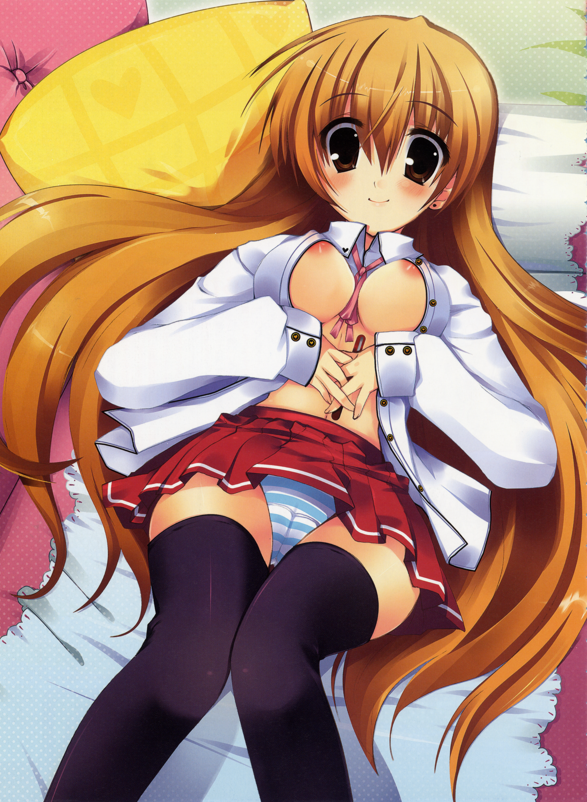 absurdres, highres, bed, blush, breasts, brown eyes, brown hair, cameltoe, covered erect nipples, earrings, jewelry, long hair, open clothes, open shirt, panties, school uniform, serafuku, shirt, skirt, smile, striped clothes, striped panties, thighhighs, underwear