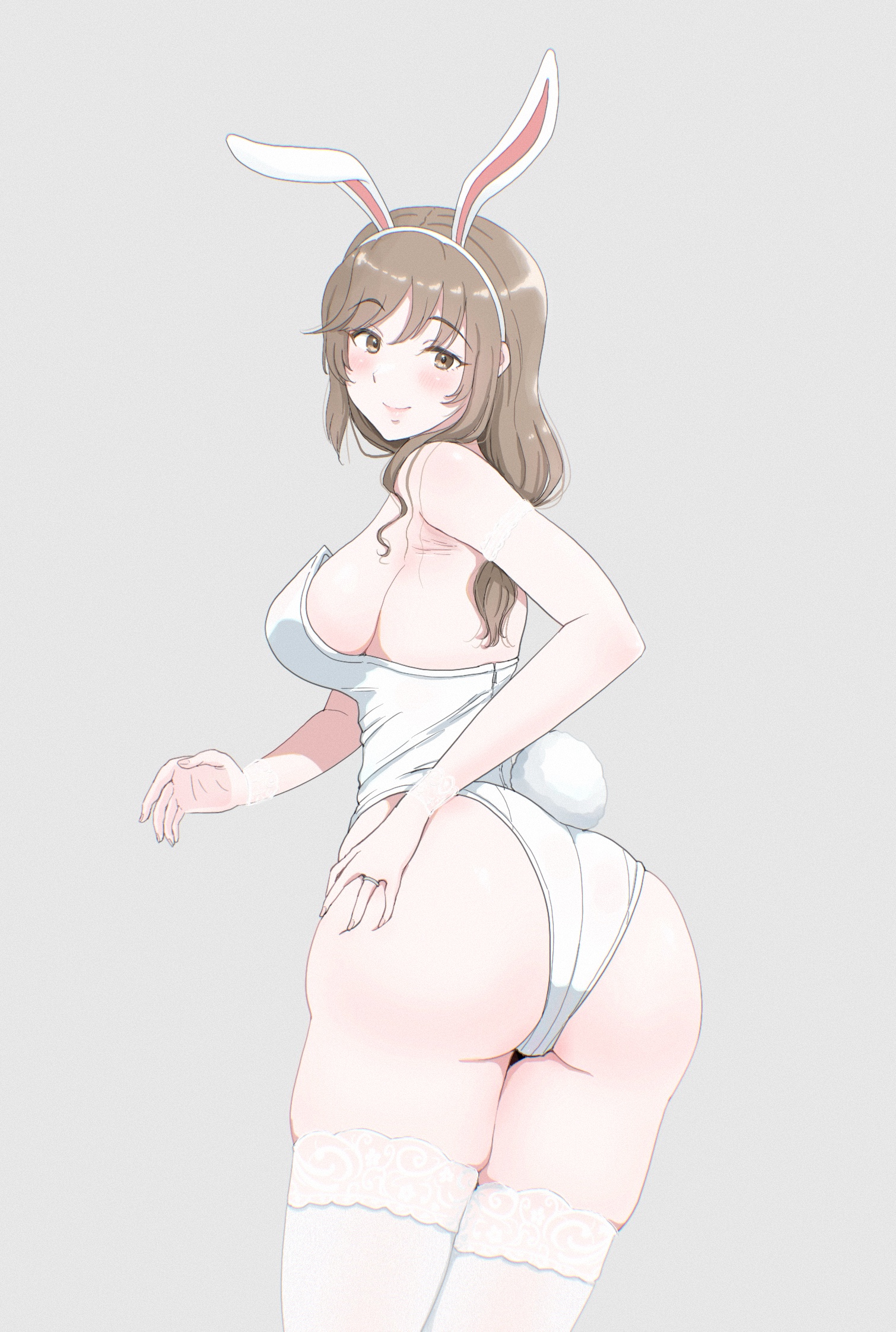 osage gankyou, shimada chiyo, girls und panzer, commentary request, highres, 1girl, animal ear hairband, animal ears, ass, breasts, brown eyes, brown hair, fake animal ears, from behind, grey background, hairband, leotard, long hair, looking back, playboy bunny, rabbit ear hairband, rabbit ears, rabbit tail, simple background, solo, strapless, strapless leotard, tail, thighhighs, white leotard, white thighhighs