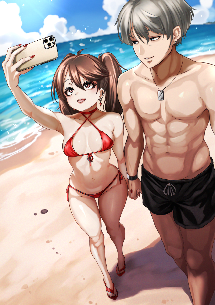 0odrosselo0, ryuujou (kancolle), kantai collection, highres, 1boy, 1girl, beach, bikini, black male swimwear, breasts, brown eyes, cellphone, day, grey hair, hetero, holding hands, male swimwear, medium breasts, ocean, outdoors, phone, red bikini, selfie, smartphone, smile, swimsuit, toned, toned male, twintails, walking
