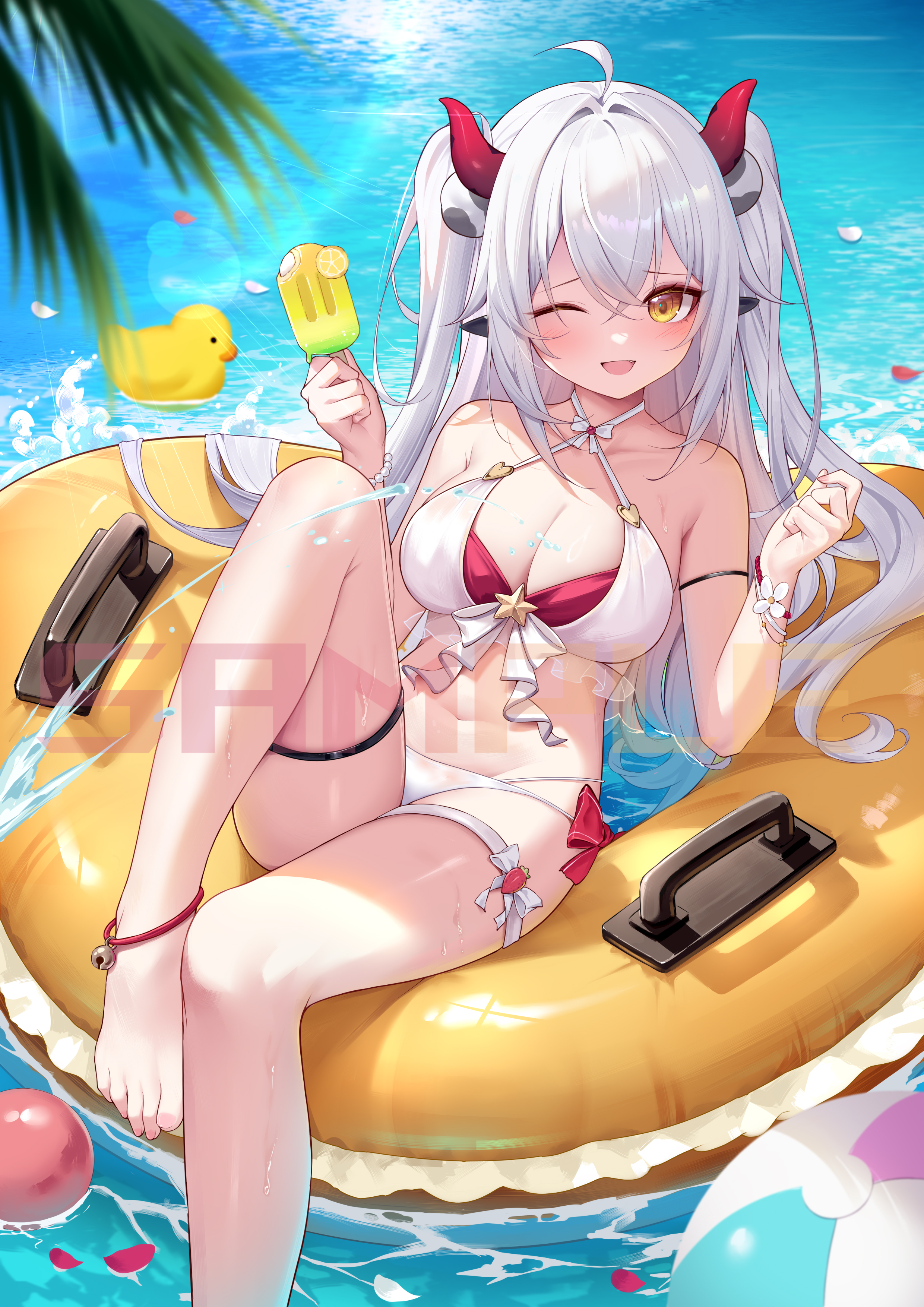 shixuexiao, original, absurdres, commentary request, highres, 1girl, barefoot, bikini, breasts, criss-cross halter, day, food, foot out of frame, grey hair, halterneck, hands up, holding, holding food, holding ice cream, horns, ice cream, knee up, lens flare, long hair, looking at viewer, medium breasts, multi-strapped bikini bottom, ocean, on innertube, one eye closed, open mouth, outdoors, red horns, rubber duck, sitting, smile, solo, swimsuit, thigh strap, toes, twintails, white bikini, yellow eyes