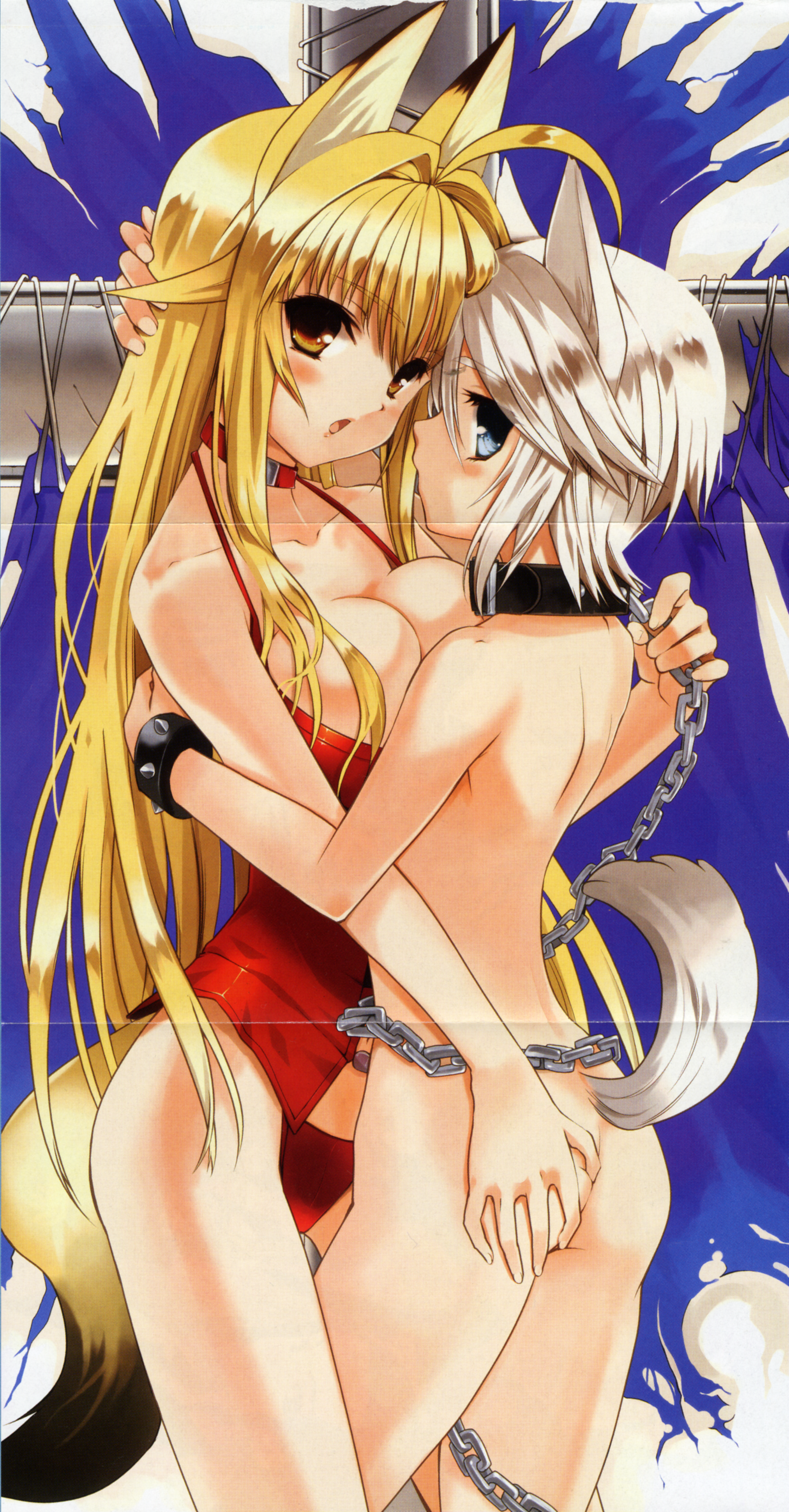 koin (foxmark), ezomori nozomu, minamoto chizuru, kanokon, absurdres, highres, huge filesize, scan, 00s, 2girls, age difference, animal ears, ass, breast press, breasts, chain, chain leash, cleavage, crease, fox ears, grabbing another's ass, groping, hug, leash, loli, medium breasts, multiple girls, onee-loli, tail, wolf ears, yuri