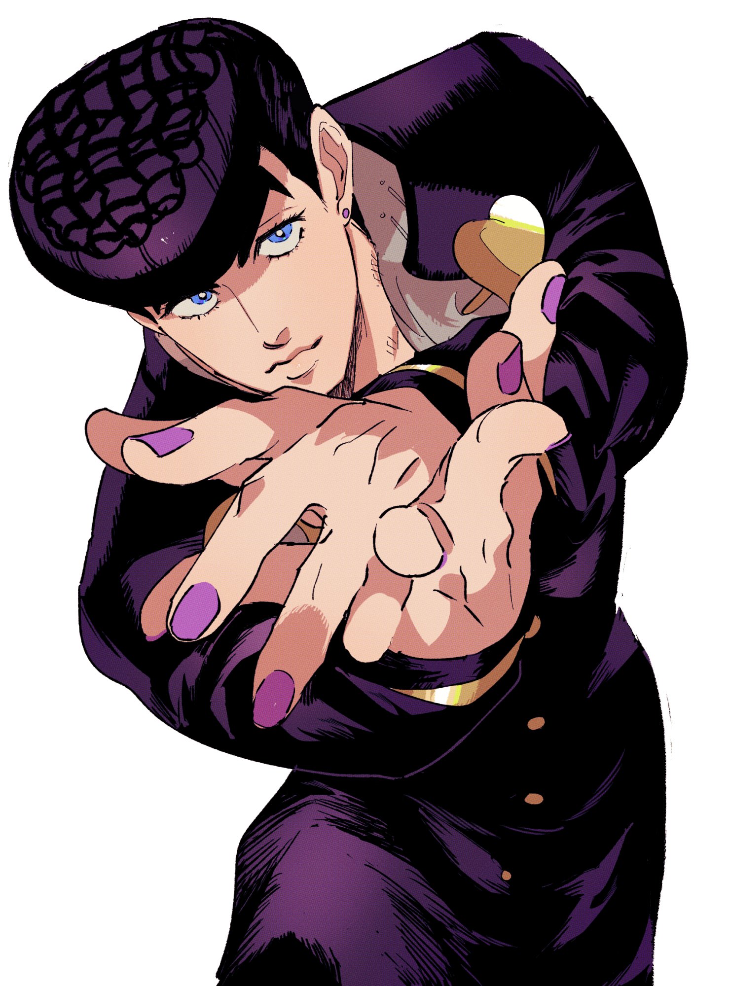 tirauraja, higashikata josuke, diamond wa kudakenai, jojo no kimyou na bouken, commentary, highres, 1boy, black hair, blue eyes, brooch, buttons, closed mouth, collared jacket, earrings, eyelashes, gakuran, heart, jacket, jewelry, male focus, nail polish, outstretched arms, piercing, pompadour, popped collar, purple nails, sanpaku, school uniform, short hair, sideburns, simple background, solo, stud earrings, white background