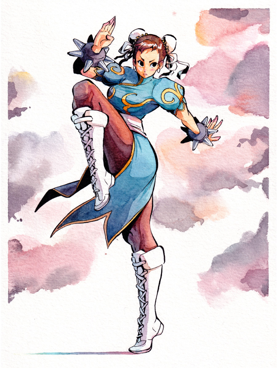 mosqi, chun-li, capcom, street fighter, commentary, painting (medium), traditional media, watercolor (medium), 1girl, black pantyhose, blue dress, boots, bracelet, brown hair, bun cover, china dress, chinese clothes, double bun, dress, fighting stance, full body, hair bun, jewelry, knee boots, lace-up boots, pantyhose, side slit, solo, spiked bracelet, spikes, standing, standing on one leg, white boots