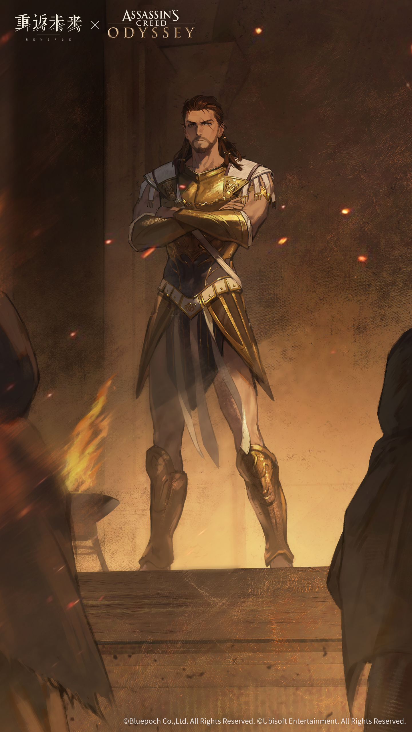 assassin's creed: odyssey, assassin's creed (series), reverse:1999, absurdres, highres, official art, official wallpaper, 1boy, 2others, alexios (assassin's creed), armor, beard, brazier, breastplate, brown eyes, brown hair, copyright name, copyright notice, crossed arms, embers, facial hair, full body, greaves, greek armor, legs apart, logo, looking at viewer, male focus, mature male, multicolored hair, multiple others, mustache, pillar, scar, scar across eye, scar on face, solo focus, standing, toned, toned male, vambraces