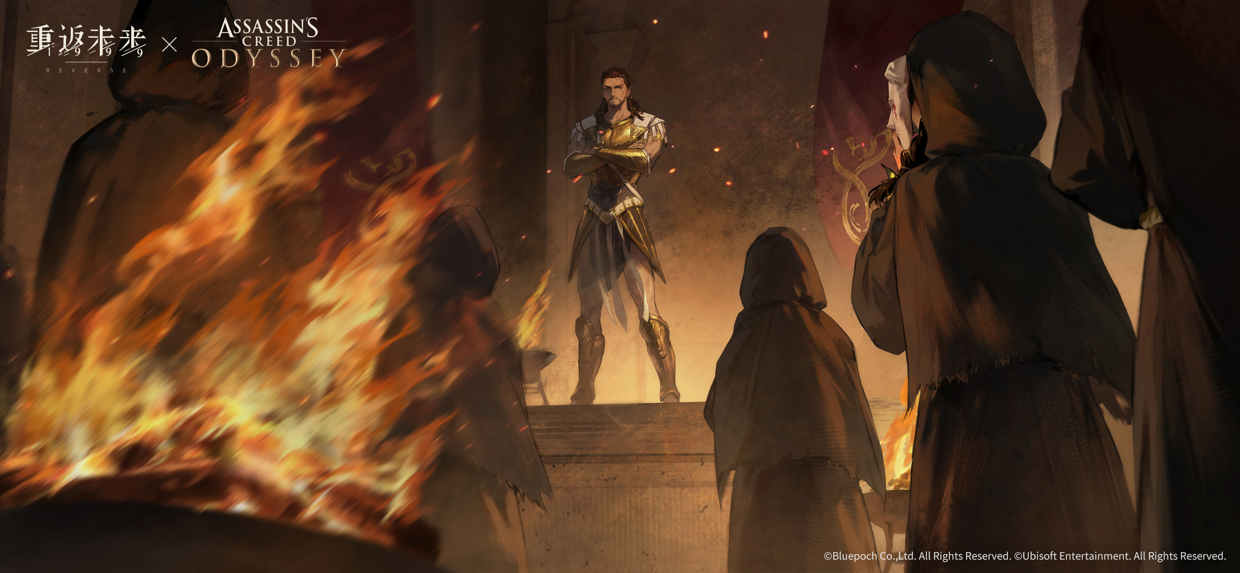assassin's creed: odyssey, assassin's creed (series), reverse:1999, highres, official art, official wallpaper, 1boy, 5others, alexios (assassin's creed), armor, beard, black robe, brazier, breastplate, brown eyes, brown hair, copyright name, copyright notice, crossed arms, embers, facial hair, facing another, facing away, full body, greaves, greek armor, hood, hood up, legs apart, logo, looking at viewer, male focus, mature male, multicolored hair, multiple others, mustache, pillar, robe, scar, scar across eye, scar on face, standing, toned, toned male, vambraces, wide shot