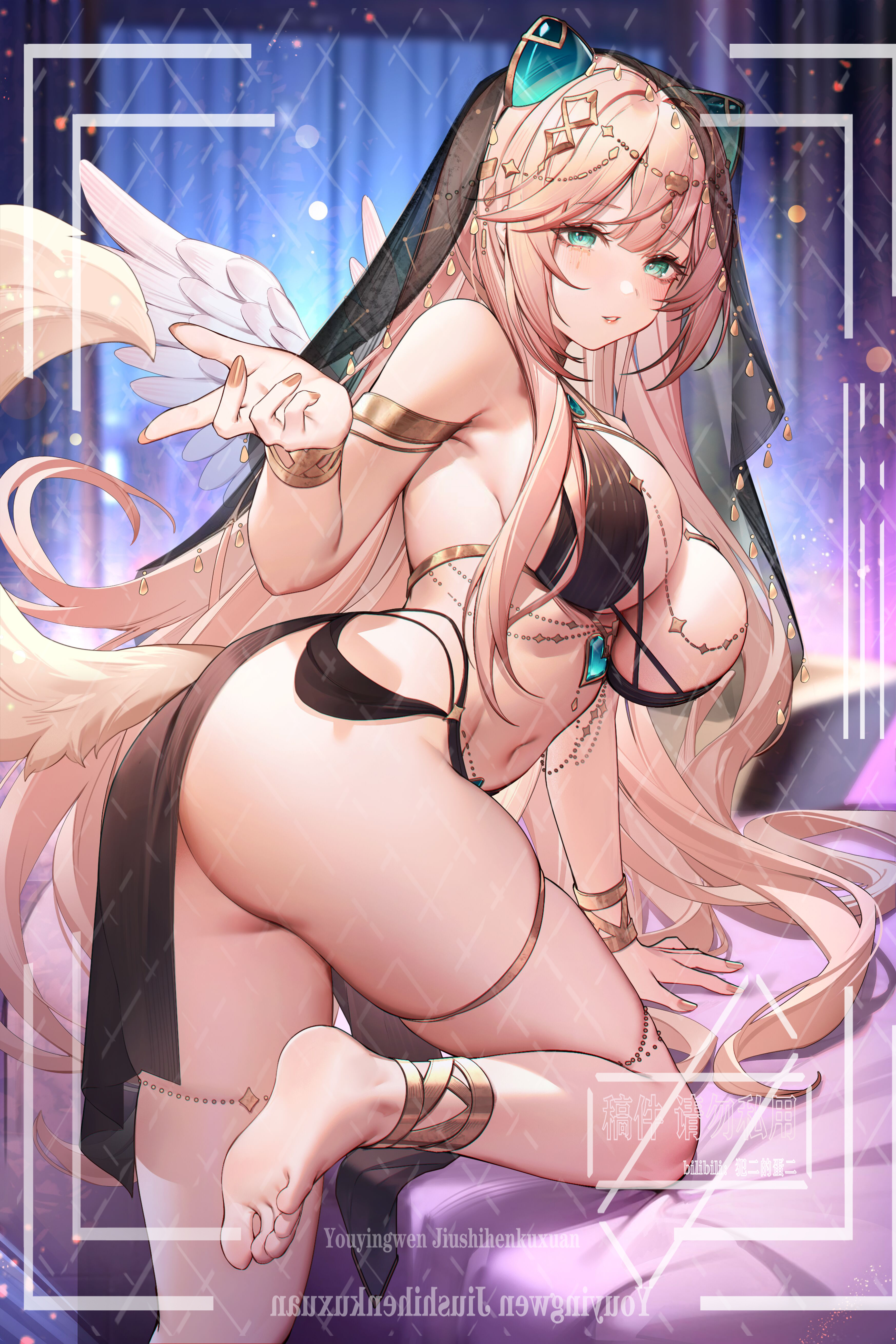q18607, indie virtual youtuber, absurdres, highres, 1girl, ass, bare legs, bare shoulders, barefoot, bed, black veil, blonde hair, breasts, curtains, green eyes, huge breasts, indoors, kneeling, light blush, long hair, looking at viewer, looking back, no panties, parted lips, pink hair, see-through clothes, see-through veil, solo, standing, standing on one leg, tail, veil, very long hair, watermark, white wings, wings
