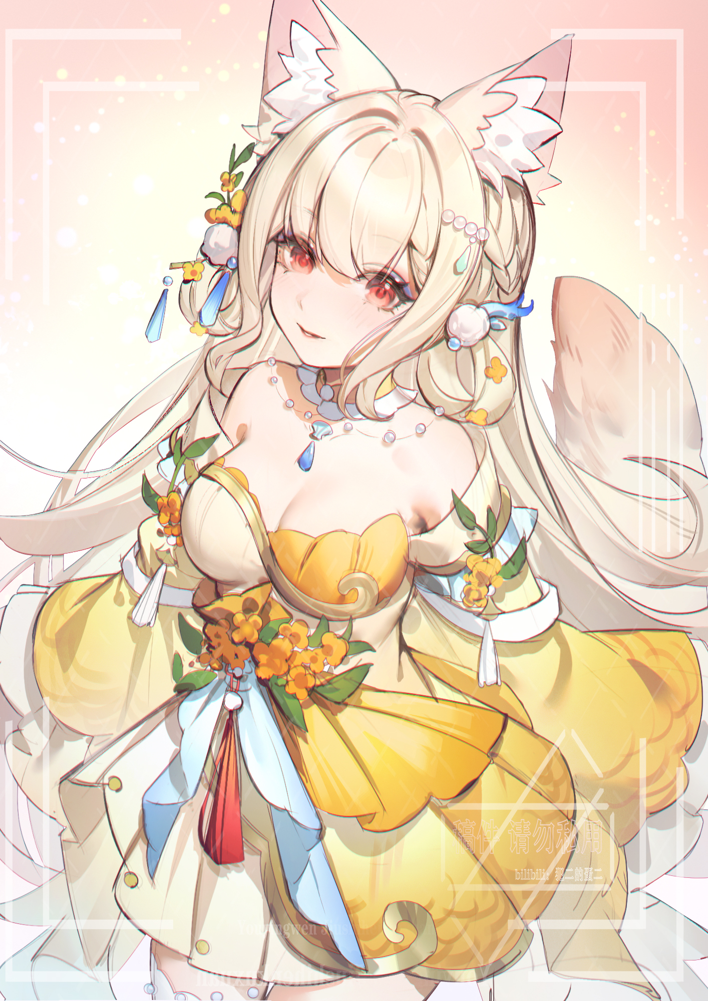 q18607, character request, highres, 1girl, animal ears, bare shoulders, blonde hair, border, breasts, cowboy shot, detached sleeves, dress, earrings, gradient background, impossible clothes, jewelry, large breasts, leaf on clothes, long sleeves, looking at viewer, necklace, parted lips, red eyes, smile, solo, tail, thighhighs, watermark, white background, white border, white thighhighs, yellow background, yellow dress