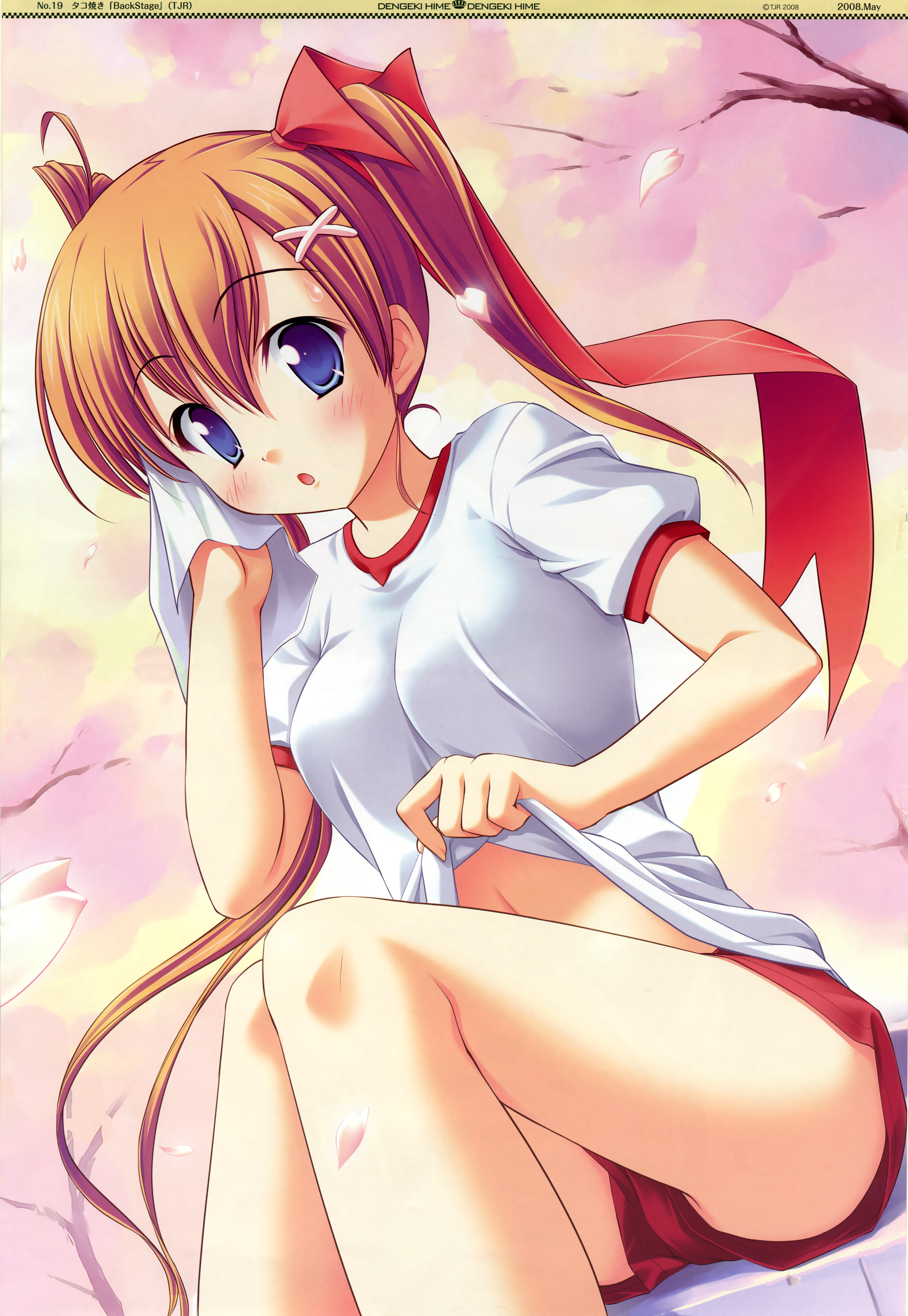 takoyaki (roast), mikagami saori, backstage (tjr), absurdres, fixed, highres, 1girl, backstage, blue eyes, brown hair, cherry blossoms, clothes lift, female focus, gym uniform, long hair, petals, shirt lift, shorts, solo, twintails