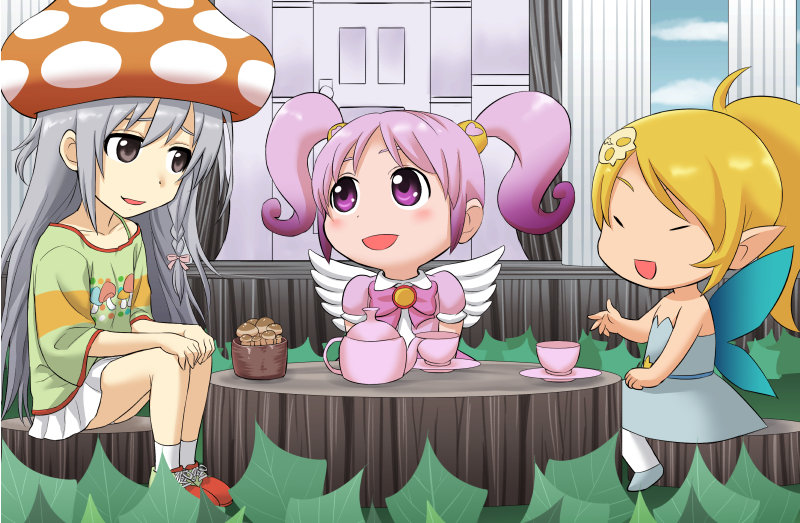 gachon jirou, hoshi syoko, pikupiku, shirushiru, gdgd fairies, idolmaster, idolmaster cinderella girls, 3girls, :d, blonde hair, brown eyes, closed eyes, crossover, cup, fairy, fairy wings, long hair, multiple girls, mushroom, mushroom on head, open mouth, pink eyes, pink hair, ponytail, sitting, smile, teacup, teapot, twintails, wings