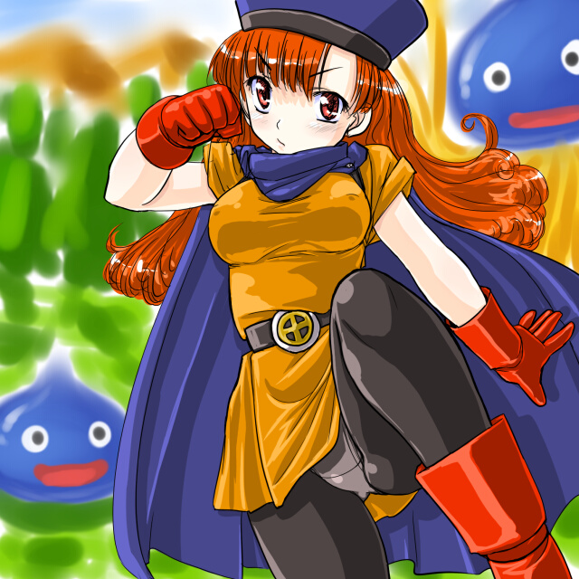dd (ijigendd), alena (dq4), healslime, slime (dragon quest), chunsoft, dragon quest, dragon quest iv, enix, >:/, 1girl, :/, :d, belt, belt buckle, black eyes, black pantyhose, blue cape, blue skin, blush, boots, breasts, buckle, cape, clenched hand, closed mouth, colored skin, covered erect nipples, curly hair, dress, female focus, fighting stance, gloves, grass, hand up, hat, large breasts, leg lift, leg up, long hair, looking at viewer, monster, o o, open mouth, orange dress, orange hair, outdoors, panties, panties under pantyhose, pantyhose, pantyshot, parted bangs, red boots, red eyes, red gloves, red hair, serious, short dress, short sleeves, skirt, smile, solo, taut clothes, tentacles, tree, underwear, upskirt, v-shaped eyebrows, white panties, yellow skirt