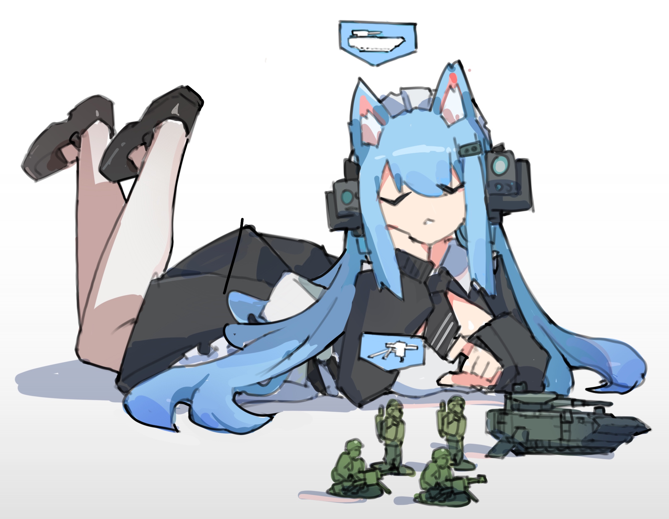 frider, broken arrow (game), 1girl, animal ears, apron, automatic grenade launcher, black dress, black necktie, black shoes, blue eyes, cat ears, closed eyes, combat helmet, dress, helmet, infantry fighting vehicle, lying, maid, maid apron, maid headdress, mecha musume, military uniform, military vehicle, motor vehicle, necktie, on stomach, shadow, shoes, short necktie, simple background, soldier, t-15, tank, toy soldier, white background