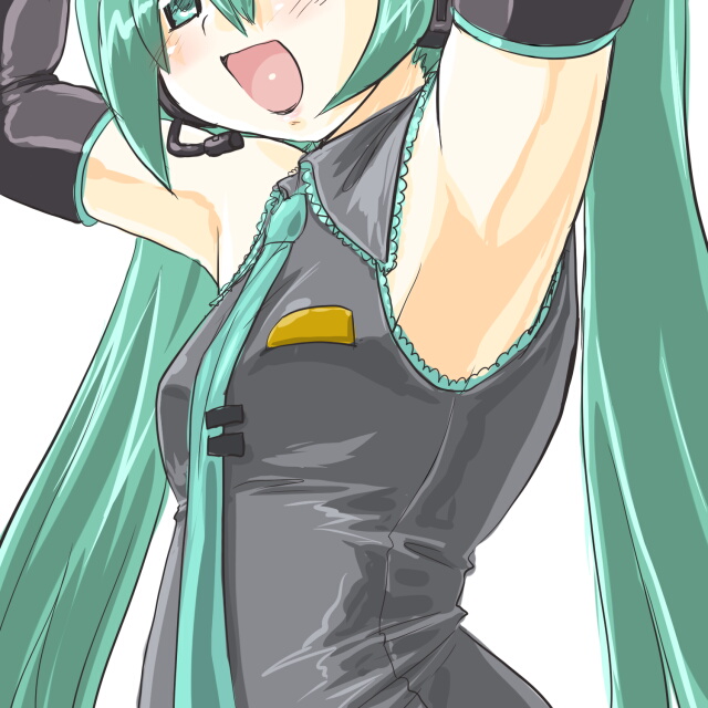 dd (ijigendd), hatsune miku, vocaloid, armpits, blush, detached sleeves, elbow gloves, flat chest, gloves, green eyes, green hair, long hair, microphone, music, necktie, singing, solo, twintails