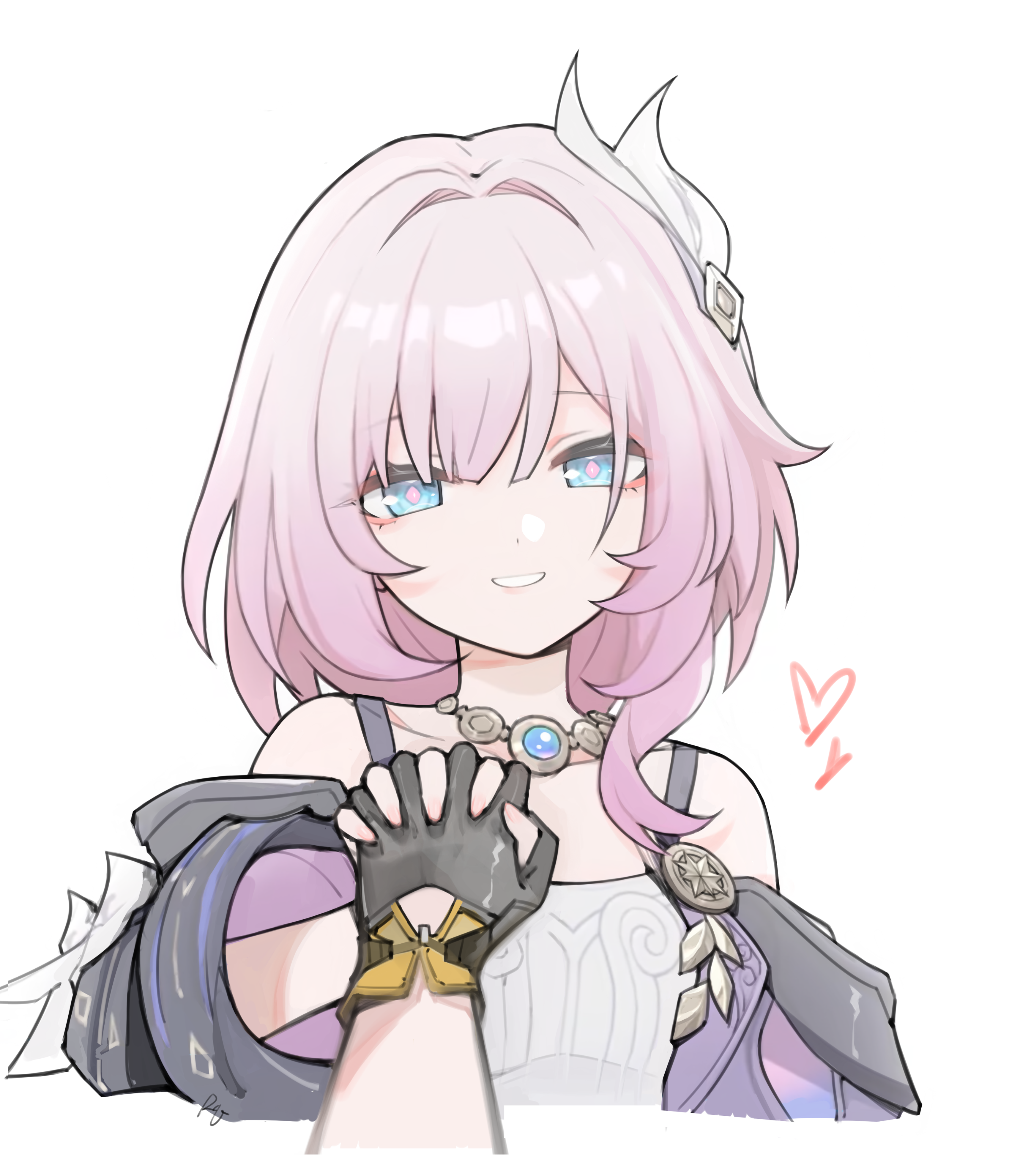 error1980, cyrene (honkai: star rail), stelle (honkai: star rail), trailblazer (honkai: star rail), honkai: star rail, honkai (series), absurdres, commentary, highres, 2girls, bare shoulders, black gloves, blue eyes, cropped torso, dress, female pov, gloves, hair ornament, heart, holding hands, interlocked fingers, jewelry, looking at viewer, medium hair, multiple girls, necklace, parted lips, pink hair, pink pupils, pov, pov hands, simple background, smile, white background, white dress