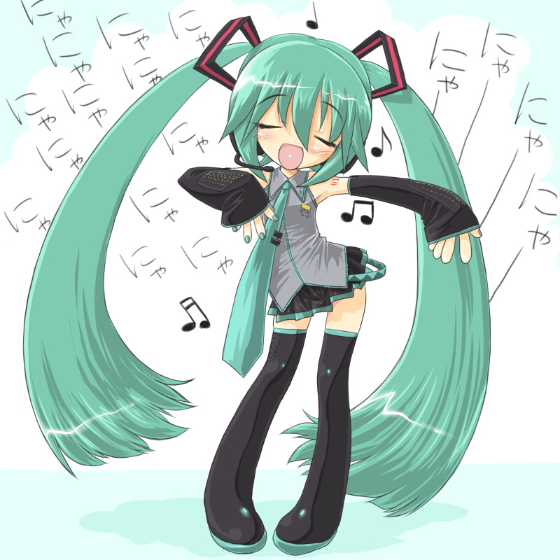 dd (ijigendd), hatsune miku, vocaloid, blush, chibi, closed eyes, detached sleeves, elbow gloves, flat chest, gloves, green eyes, green hair, long hair, microphone, miniskirt, music, necktie, singing, skirt, solo, standing, thighhighs, twintails