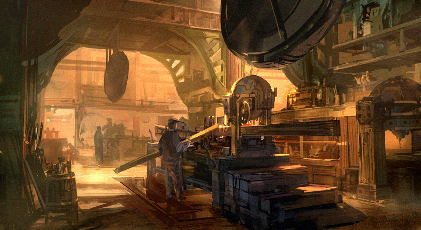 ben lo, bioshock, bioshock (series), bioshock infinite, concept art, 2boys, barrel, faceless, hanging sign, indoors, log, machinery, multiple boys, painterly, railing, saw, scenery, stairs, standing, sunlight, warm colored, working, workshop