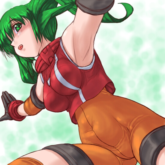 dd (ijigendd), solty revant, solty rei, 00s, 1girl, armpits, blush, bodysuit, breasts, female focus, green eyes, green hair, large breasts, long hair, matching hair/eyes, open mouth, outstretched arms, solo, spandex