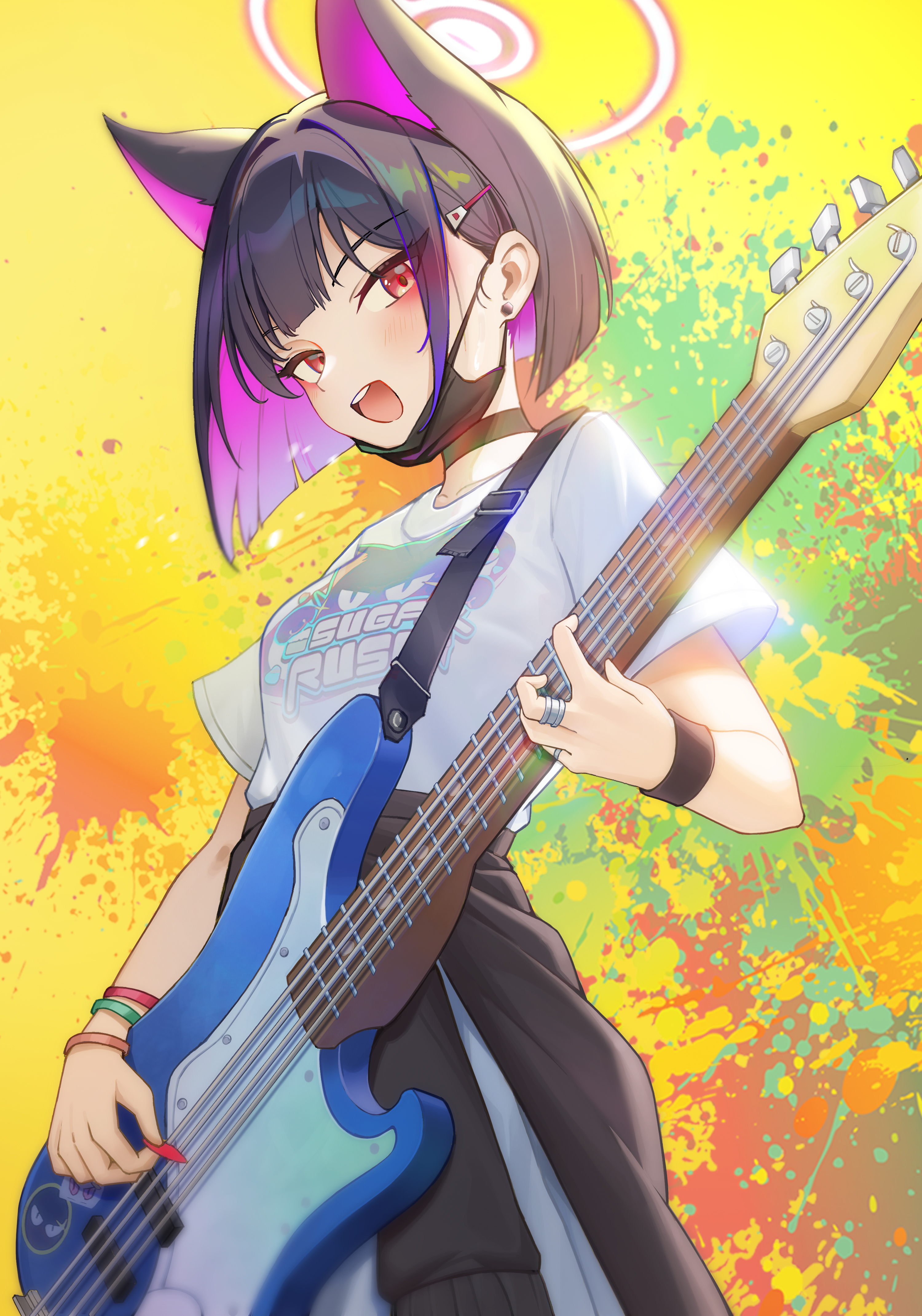 czy5201314, kazusa (band) (blue archive), kazusa (blue archive), blue archive, absurdres, commentary request, highres, 1girl, animal ears, black hair, black jacket, black mask, cat ears, clothes around waist, colored inner hair, earrings, extra ears, guitar, halo, holding, holding guitar, holding instrument, instrument, jacket, jacket around waist, jewelry, looking at viewer, looking down, mask, mask around neck, mouth mask, multicolored hair, music, official alternate costume, open mouth, paint splatter, pink eyes, pink hair, pink halo, playing instrument, shirt, short hair, short sleeves, smile, solo, stud earrings, white shirt, wrist cuffs, yellow background