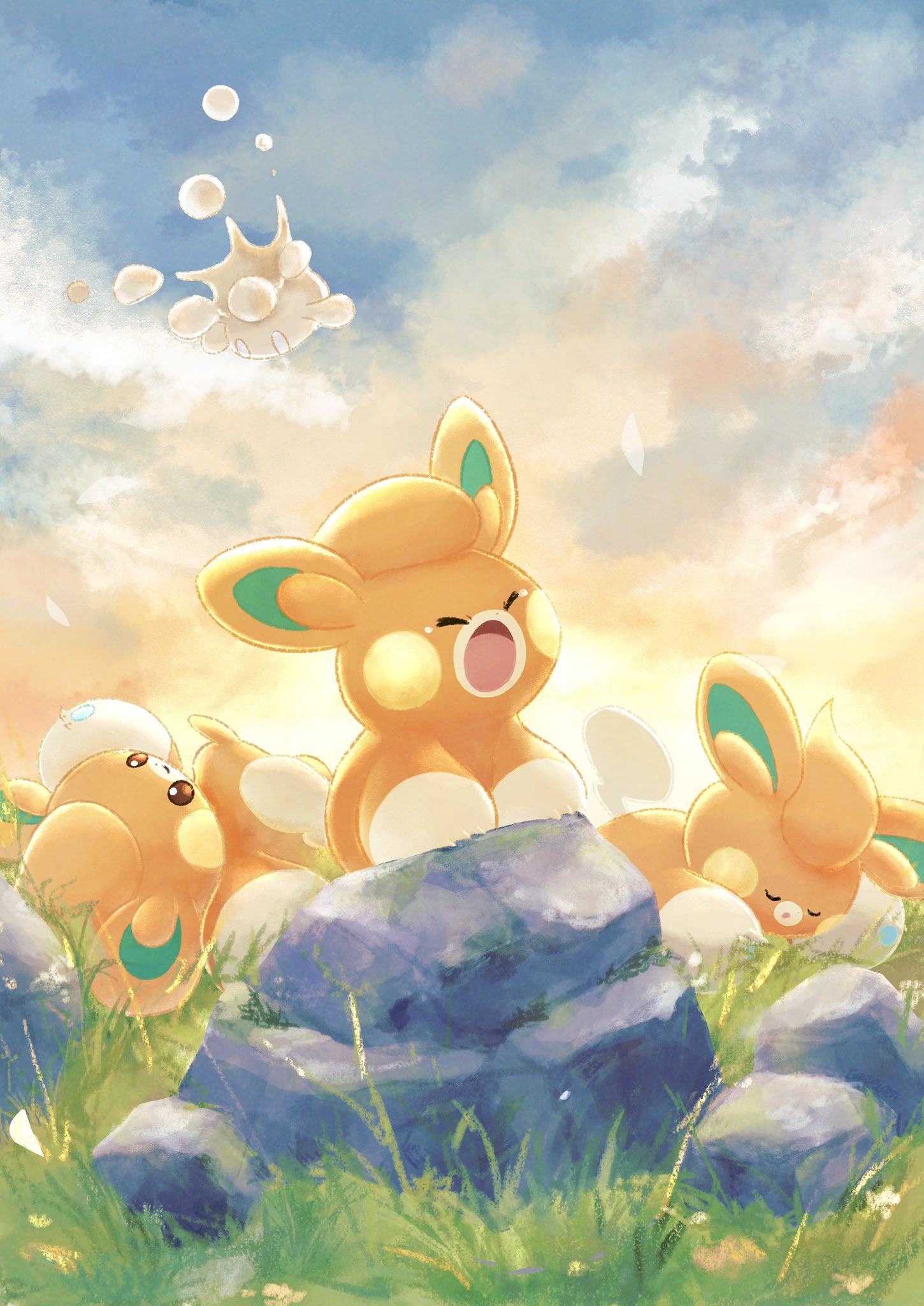 fireblast, milcery, pawmi, nintendo, pokemon, highres, animal focus, brown eyes, closed eyes, closed mouth, cloud, food, gen 8 pokemon, no humans, open mouth, outdoors, pokemon (creature), pokemon focus, rock, sky, sleeping, sunrise