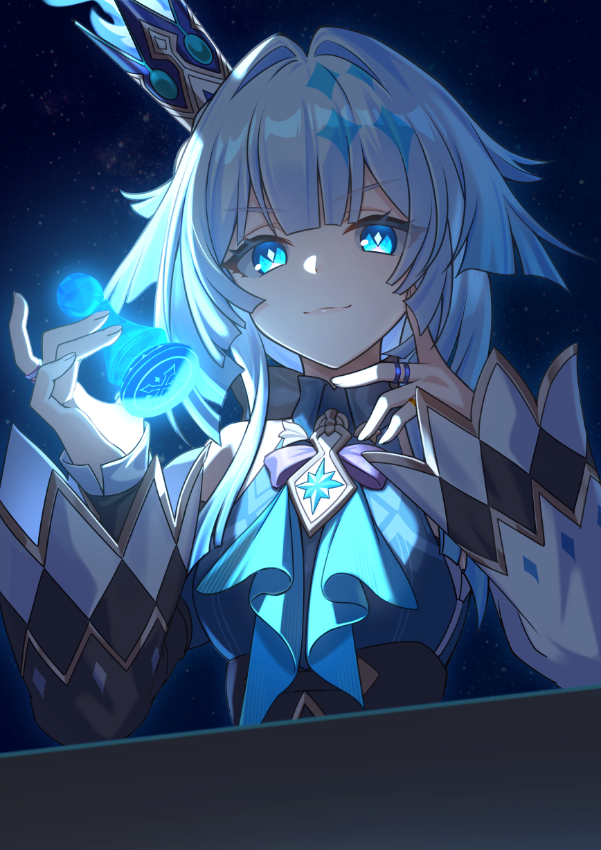 tyenka7728, cerydra (honkai: star rail), honkai: star rail, honkai (series), highres, 1girl, ascot, bare shoulders, blue ascot, blue eyes, blue fire, blue hair, chess piece, crown, detached sleeves, fire, hair intakes, holding, holding chess piece, long sleeves, mini crown, pawn (chess), solo, upper body