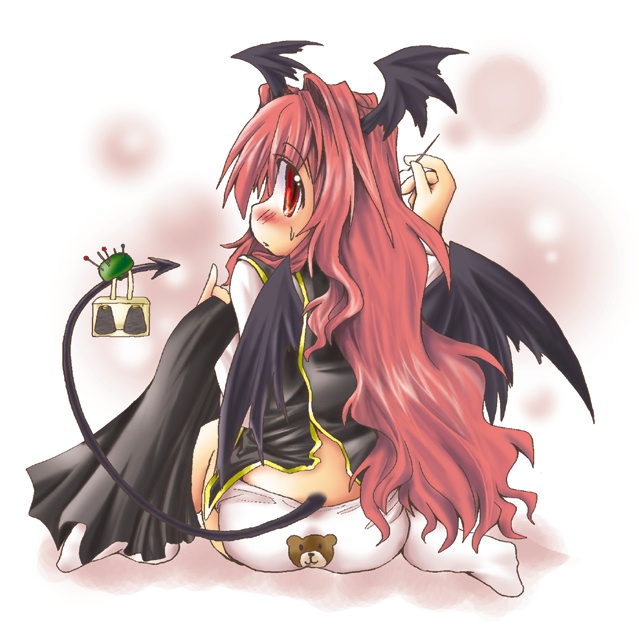 mumumu, koakuma, embodiment of scarlet devil, touhou, 1girl, animal print, bat wings, bear panties, bear print, blush, demon girl, demon tail, female focus, from behind, head wings, long hair, no pants, panties, pincushion, print panties, red eyes, red hair, sewing, sitting, solo, tail, thimble, underwear, wings