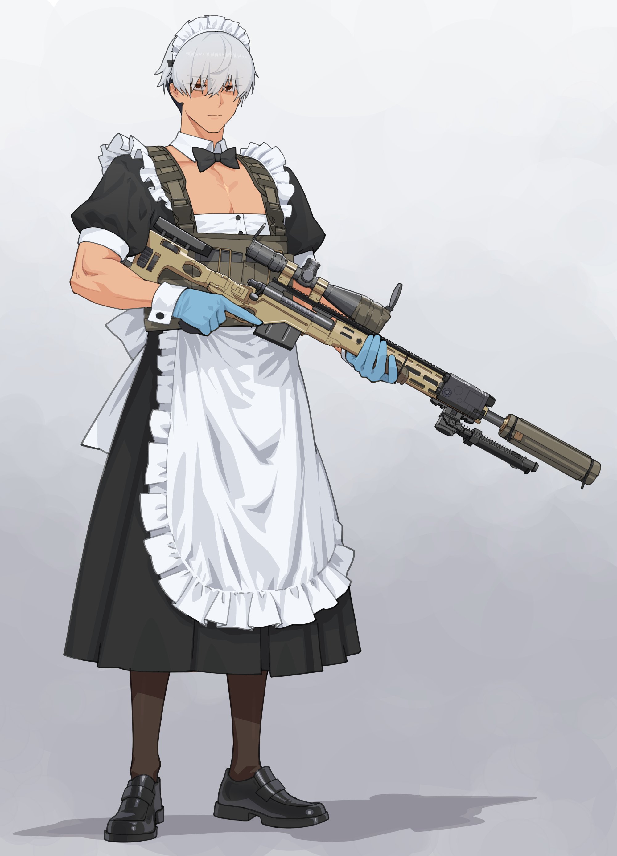kuso otoko, original, absurdres, commentary, english commentary, highres, 1boy, apron, bipod, black bow, black bowtie, black dress, black shoes, blue gloves, bolt action, bow, bowtie, closed mouth, crossdressing, crossdressing (mtf), detached collar, dress, full body, gloves, grey background, gun, holding, holding gun, holding weapon, looking at viewer, maid, maid headdress, muscular, muscular male, rifle, shaded face, shoes, short hair, simple background, sniper rifle, standing, suppressor, trigger discipline, weapon, white apron, white hair, white headdress, white wrist cuffs, wrist cuffs, xm2010
