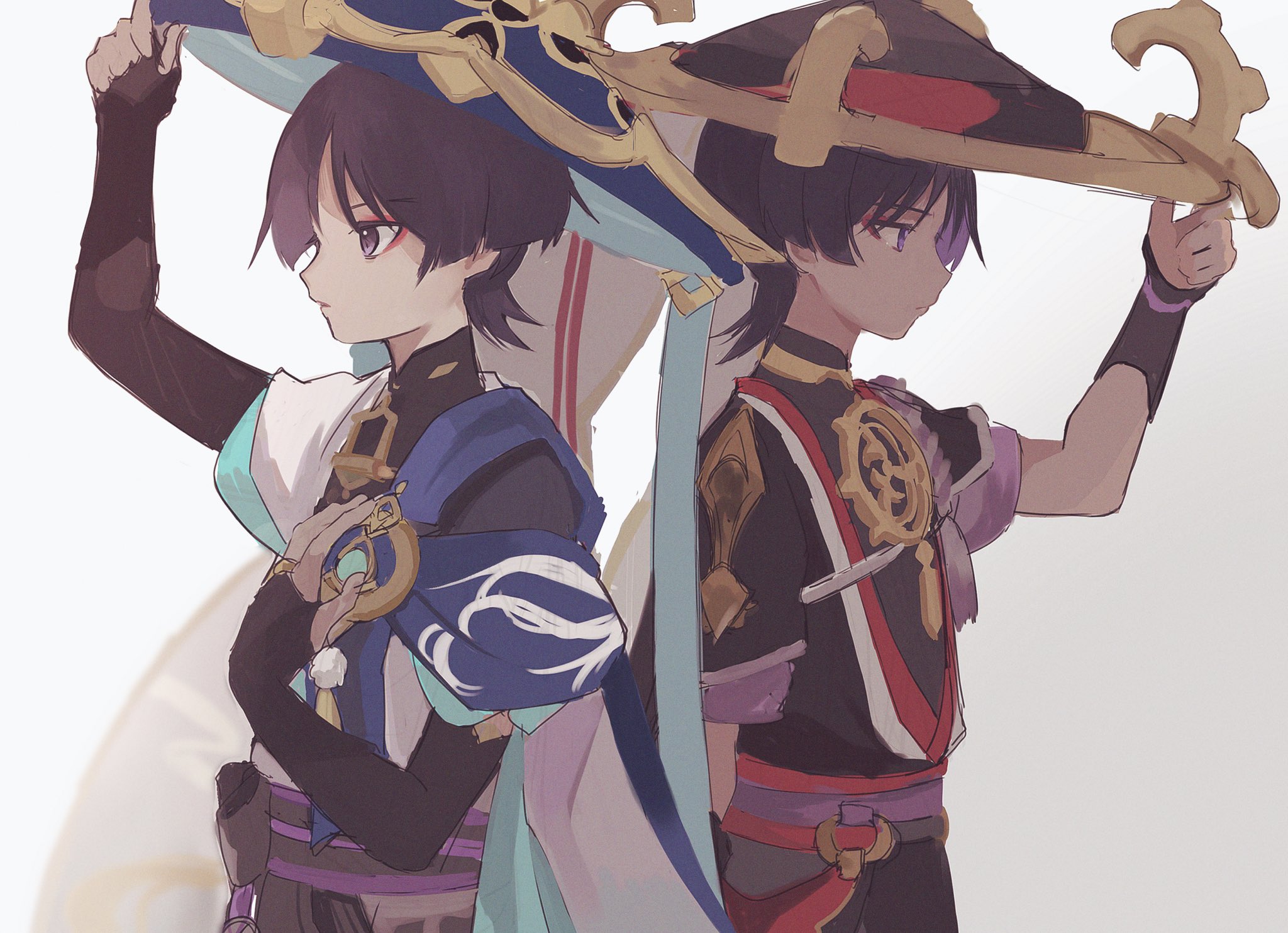 aomattya, scaramouche (genshin impact), wanderer (genshin impact), genshin impact, highres, 2boys, aqua gemstone, armor, belt, black belt, black bodysuit, black bow, black bridal gauntlets, black hair, black hat, black kimono, black sleeves, blue cape, blue hat, blue sleeves, blunt ends, bodysuit, bow, bridal gauntlets, cape, colored inner hair, dual persona, eyeliner, eyeshadow, feathers, furisode, gem, gold, gold ring, hand on own chest, hand up, hat, japanese armor, japanese clothes, jewelry, jingasa, juban, kimono, kote, kurokote, layered sleeves, looking to the side, makeup, mandarin collar, middle ring, mitsudomoe (shape), multicolored hair, multiple boys, neck ring, o-ring, open clothes, open kimono, parted lips, pom pom (clothes), purple eyes, purple hair, purple rope, purple sash, purple sleeves, red eyeliner, red eyeshadow, red hat, red kimono, red sash, rope, sash, shimenawa, short sleeves, single sode, tassel, tilted headwear, tomoe (symbol), tsurime, two-tone hat, vision (genshin impact), white background, white kimono, white rope, white sleeves, white trim, yellow feathers