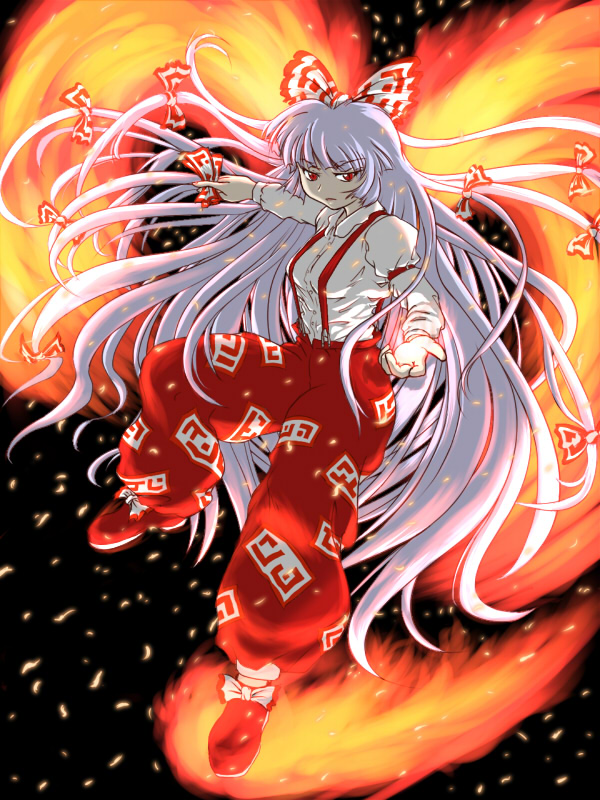 umean kyuuo, fujiwara no mokou, touhou, silver hair, bad id, 1girl, bow, embers, female focus, fiery wings, fire, hair bow, hair ribbon, long hair, red eyes, ribbon, solo, suspenders, very long hair, wings