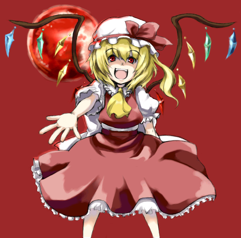 suwi, flandre scarlet, touhou, 1girl, ascot, blonde hair, blouse, crystal, fangs, female focus, full moon, hair between eyes, hat, legs apart, mob cap, moon, outdoors, reaching, reaching towards viewer, red background, red eyes, red moon, ribbon, shirt, simple background, sky, solo, standing, white shirt, wings, yellow ascot