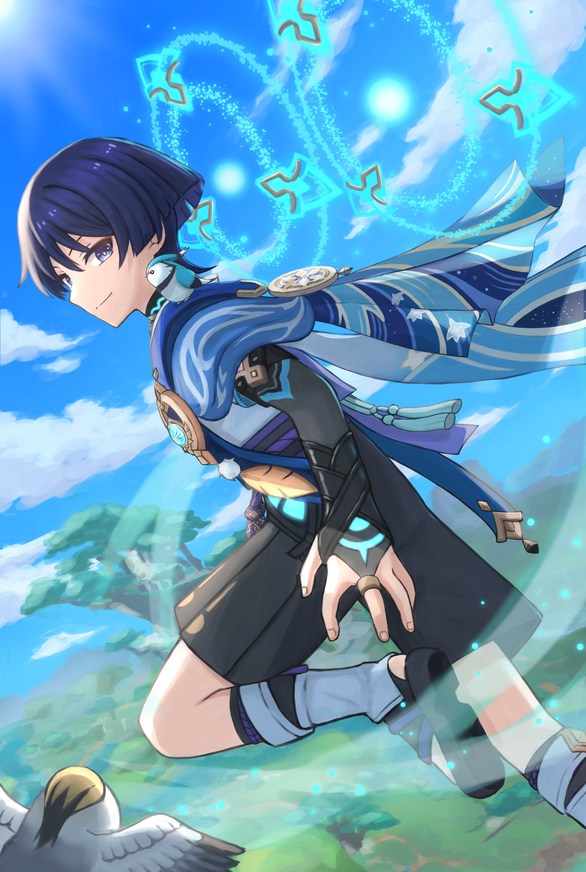 hotarubi (hotarubie), scaramouche (genshin impact), wanderer (genshin impact), genshin impact, absurdres, highres, 1boy, anemo symbol (genshin impact), animal print, arm at side, armor, bird, bird print, black hair, black sandals, black shorts, blue cape, blue eyes, blue gemstone, blue halo, blue sky, blunt ends, bridal legwear, bright pupils, cape, closed mouth, cloud, cloudy sky, double halo, eyeliner, eyeshadow, feathers, finch, fingernails, flying, from side, gem, glowing markings, gold ring, hakama, hakama shorts, halo, halo behind head, japanese armor, japanese clothes, kimono, kote, kurokote, leg warmers, looking at viewer, makeup, male focus, middle ring, multicolored hair, open hand, outdoors, pleated shorts, pom pom (clothes), purple hair, red eyeliner, red eyeshadow, sandals, shorts, sideways mouth, sky, smile, solo, split mouth, stirrup legwear, streaked hair, sumeru city, sun, tassel, toeless legwear, tree, vision (genshin impact), white kimono, white leg warmers, white pupils, white trim, wind, yellow feathers, zouri