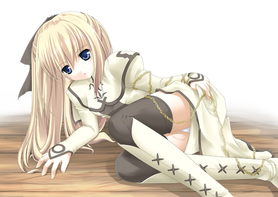 itsuki (spitbreak), cyrille (shining force exa), sega, shining (series), shining force exa, 1girl, blue eyes, boots, brown hair, female focus, half updo, knee boots, panties, pantyshot, solo, thighhighs, underwear, white panties