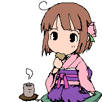 bushidou (sekaiju), bushidou 4 (sekaiju), atlus, etrian odyssey, lowres, 1girl, ahoge, blunt bangs, brown hair, chibi, cookie, cup, eating, female focus, food, full body, hakama, hakama skirt, japanese clothes, kimono, long sleeves, looking at viewer, pillow, seiza, short hair, sitting, skirt, solo, steam, tea, teacup, white background