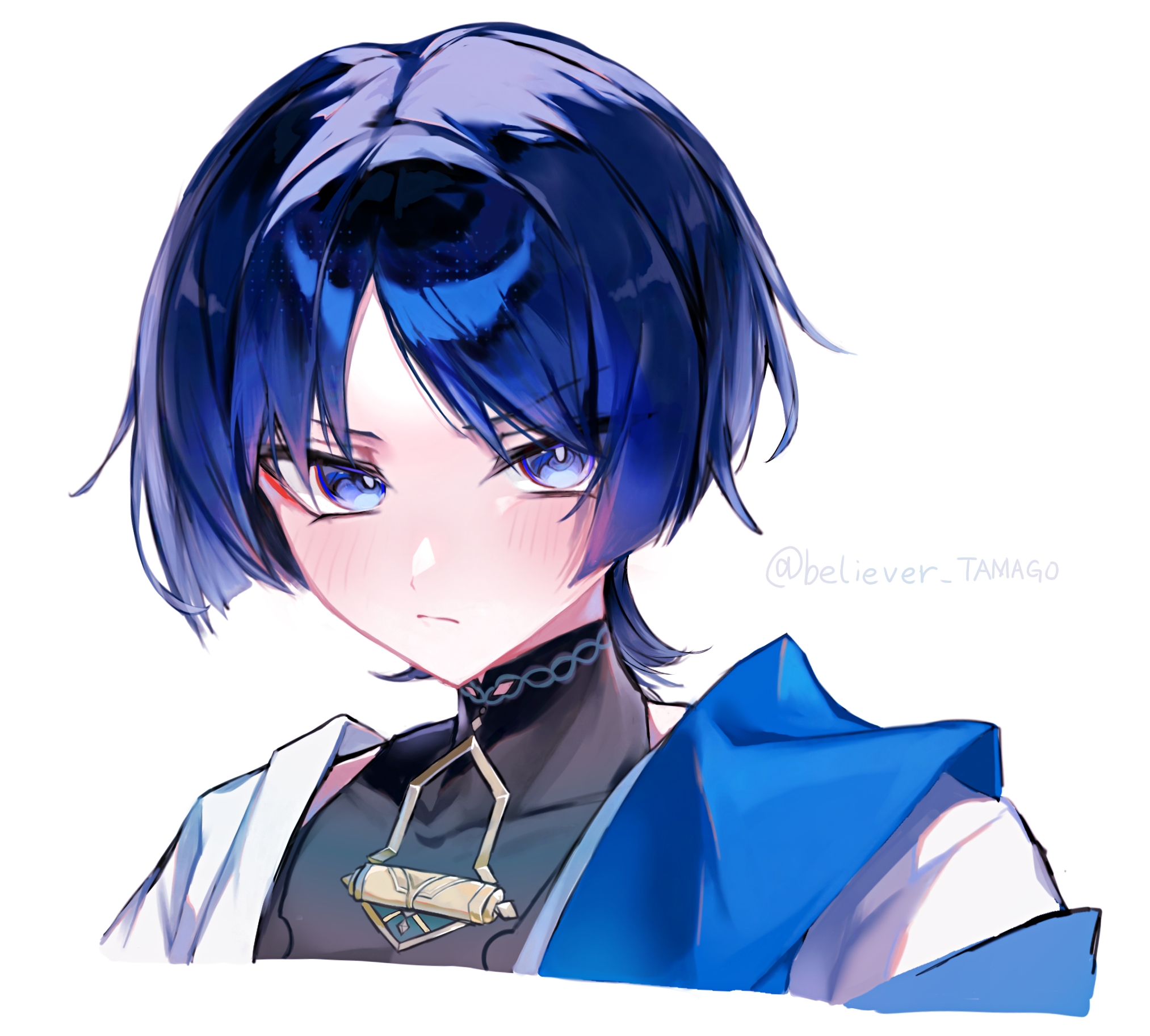 scaramouche (genshin impact), wanderer (genshin impact), genshin impact, highres, 1boy, believer tamago, black bodysuit, blue cape, blue eyes, blue hair, blunt ends, blush, bodysuit, bright pupils, cape, closed mouth, covered collarbone, cropped torso, eyeliner, eyeshadow, japanese clothes, kimono, looking at viewer, makeup, male focus, mandarin collar, multicolored hair, parted bangs, portrait, purple hair, red eyeliner, red eyeshadow, shoulder peek, solo, streaked hair, tsurime, twitter username, white background, white kimono, white pupils, white sleeves, wispy bangs