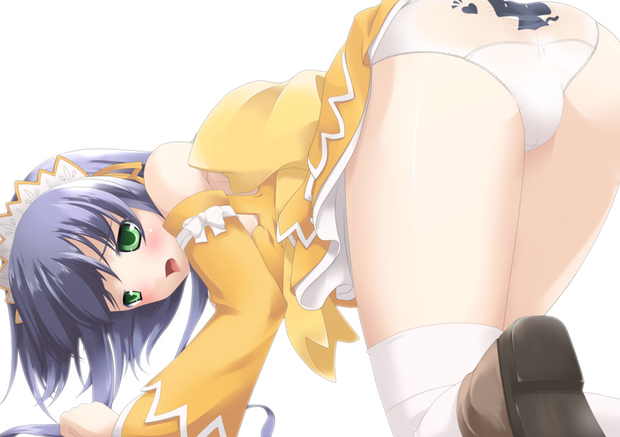 itsuki (spitbreak), soraneko (ar tonelico), ar tonelico, ar tonelico ii, gust, 00s, 1girl, all fours, ass, bent over, blue hair, female focus, green eyes, panties, print panties, simple background, solo, trefoil, underwear, waitress