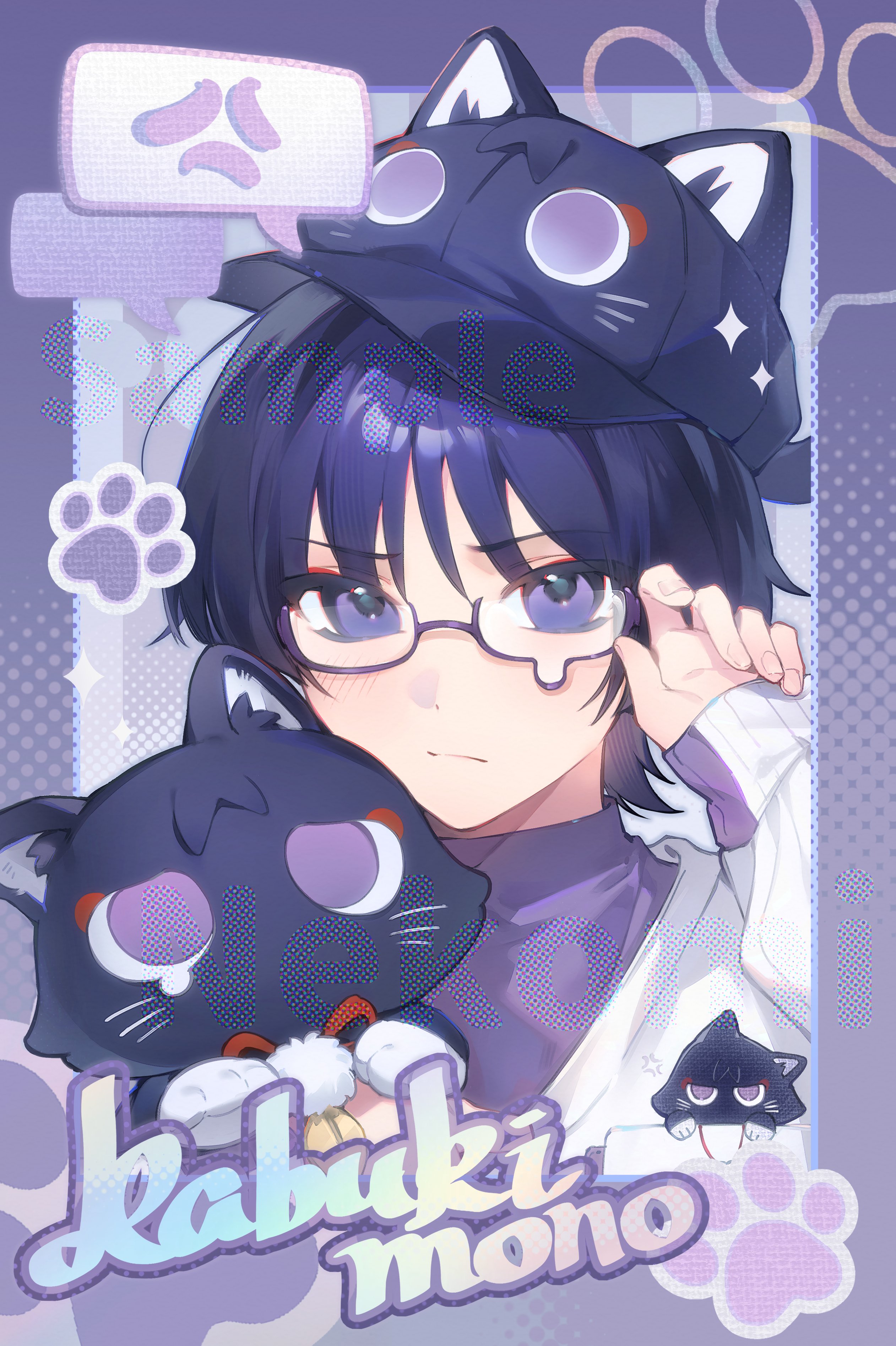 nekomi 0, scaramouche (cat) (genshin impact), scaramouche (genshin impact), wanderer (fairy tale cat) (genshin impact), wanderer (genshin impact), genshin impact, absurdres, highres, 1boy, alternate costume, anger vein, animal, animal hat, animalization, black cat, blunt ends, border, breast pocket, casual, cat, cat hat, character name, closed mouth, contemporary, curled fingers, eyeliner, eyeshadow, feathers, fingernails, hand up, hat, holding, holding animal, holding cat, light blush, long sleeves, looking at viewer, makeup, male focus, newsboy cap, official alternate costume, paw print, person and animalization, pocket, pom pom (clothes), purple border, purple eyes, purple hair, purple hat, purple shirt, red eyeliner, red eyeshadow, shirt, solo, spoken anger vein, string, tsurime, turtleneck, turtleneck shirt, undershirt, white sleeves, wispy bangs, yellow feathers