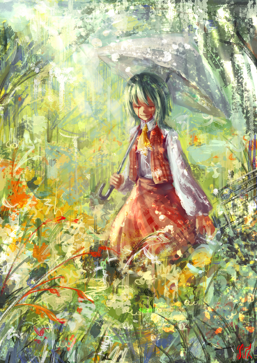 ni piao xiancai, kazami yuuka, touhou, bad id, bad pixiv id, highres, 1girl, blood, bloody tears, closed eyes, female focus, green hair, smile, solo, tears, umbrella