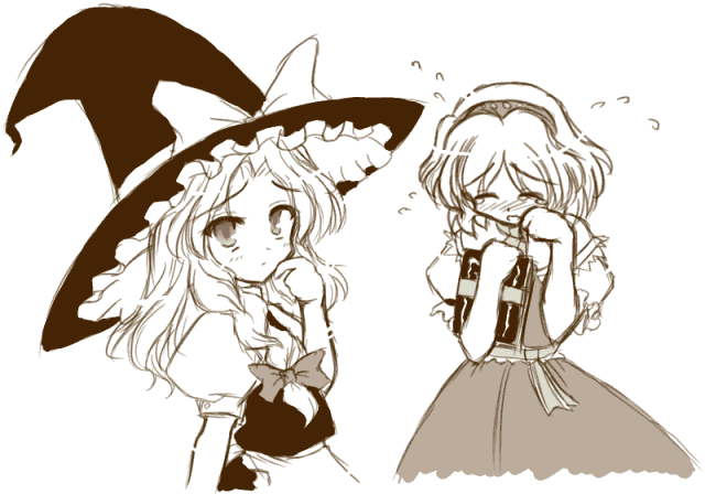 alice margatroid, kirisame marisa, touhou, 2girls, brown theme, female focus, monochrome, multiple girls, tears