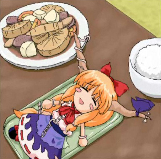 ibuki suika, touhou, tagme, chibi, closed eyes, horns, orange hair, ribbon