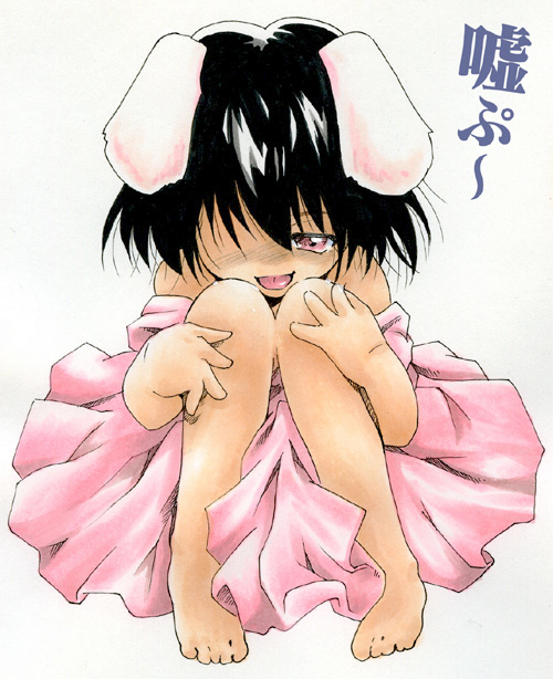 inaba tewi, touhou, 1girl, animal ears, barefoot, blush, feet, female focus, one-eyed, rabbit ears, solo, toes