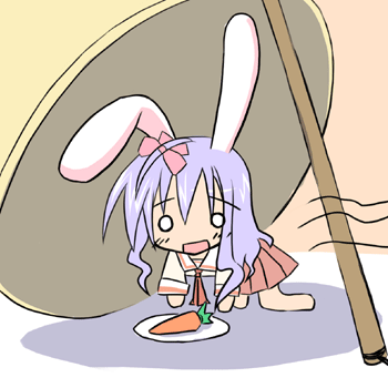 reisen udongein inaba, touhou, lowres, 1girl, alternate costume, animal ears, carrot, chibi, drop trap, female focus, flat color, lure, plant, rabbit ears, school uniform, serafuku, skirt, solo
