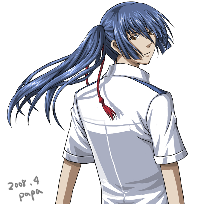 hong meiling, saotome alto, macross, macross frontier, 00s, 1boy, blue hair, brown eyes, from behind, hair between eyes, looking at viewer, looking back, male focus, ponytail, shirt, short sleeves, simple background, solo, t-shirt, tassel, white background, white shirt