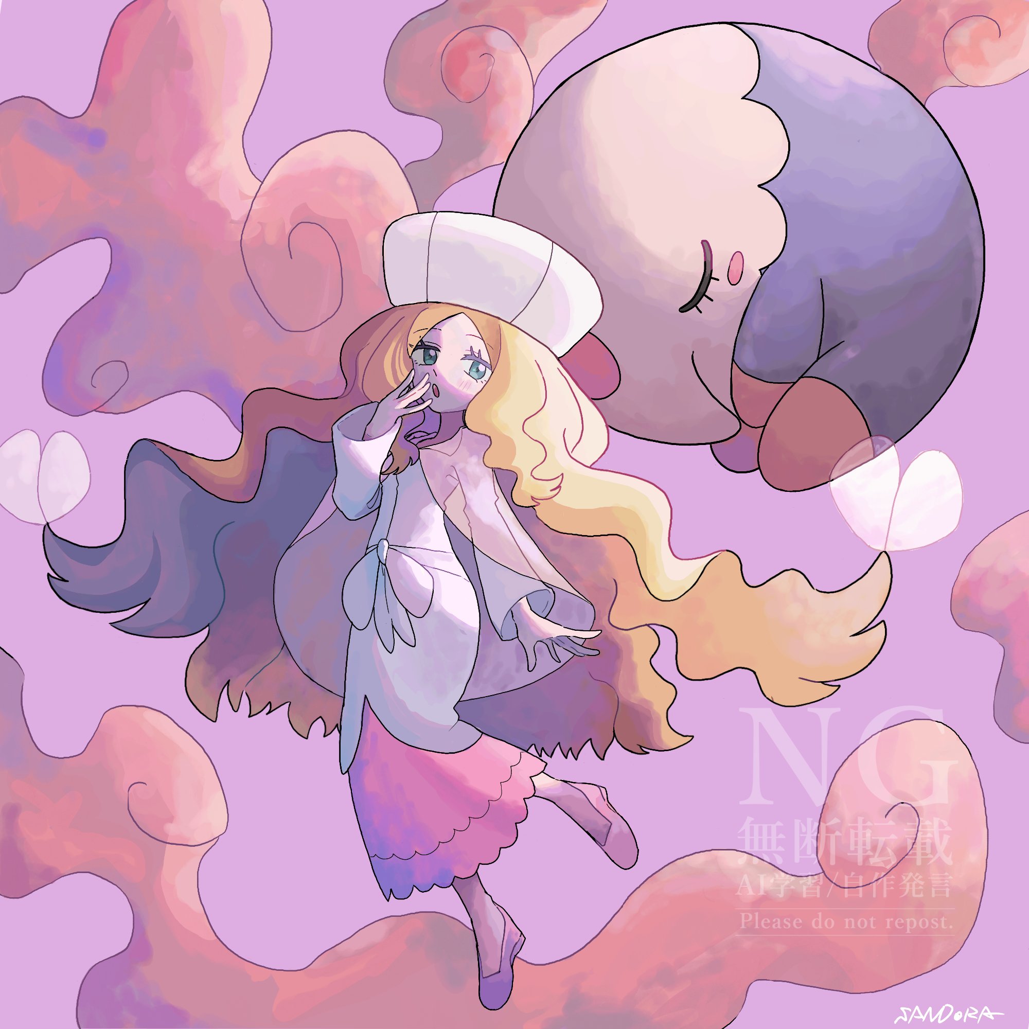 sandora (karugamo no e), caitlin (pokemon), musharna, nintendo, pokemon, pokemon bw, highres, 1girl, blonde hair, blue eyes, breasts, cape, closed eyes, closed mouth, dress, gen 5 pokemon, green eyes, hair ornament, hat, long hair, long sleeves, looking at viewer, open mouth, parted bangs, pink cape, pink dress, pink hat, pokemon (creature), very long hair, yawning