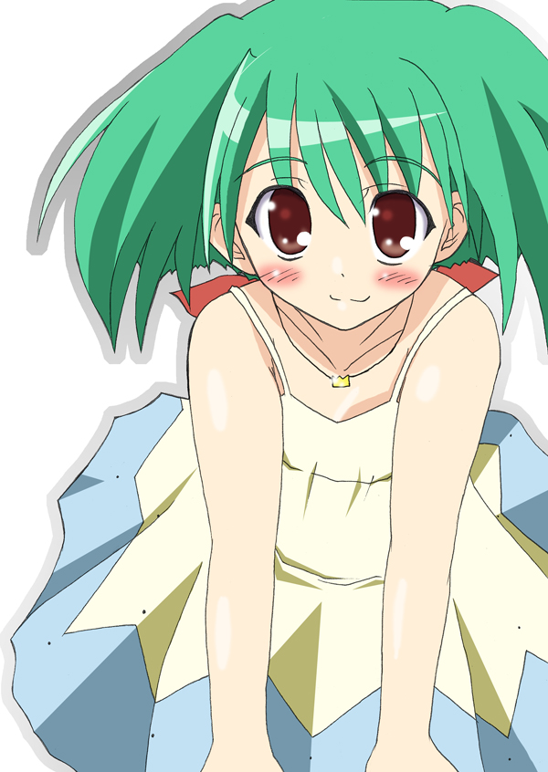ranka lee, macross, macross frontier, 00s, 1girl, :3, blush, dress, green hair, hair ribbon, jewelry, necklace, red eyes, ribbon