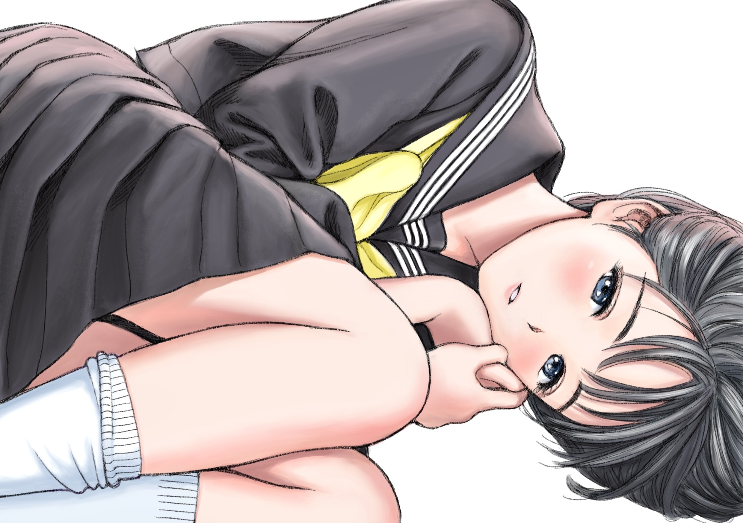 yug (ekaki), akebi komichi, akebi-chan no serafuku, commentary request, highres, 1girl, black hair, black sailor collar, black serafuku, black shirt, black skirt, blue eyes, blush, feet out of frame, fetal position, lying, neckerchief, on side, own hands together, parted lips, pleated skirt, roubai academy school uniform (old), sailor collar, school uniform, serafuku, shirt, short hair, simple background, skirt, socks, solo, white background, white socks, yellow neckerchief