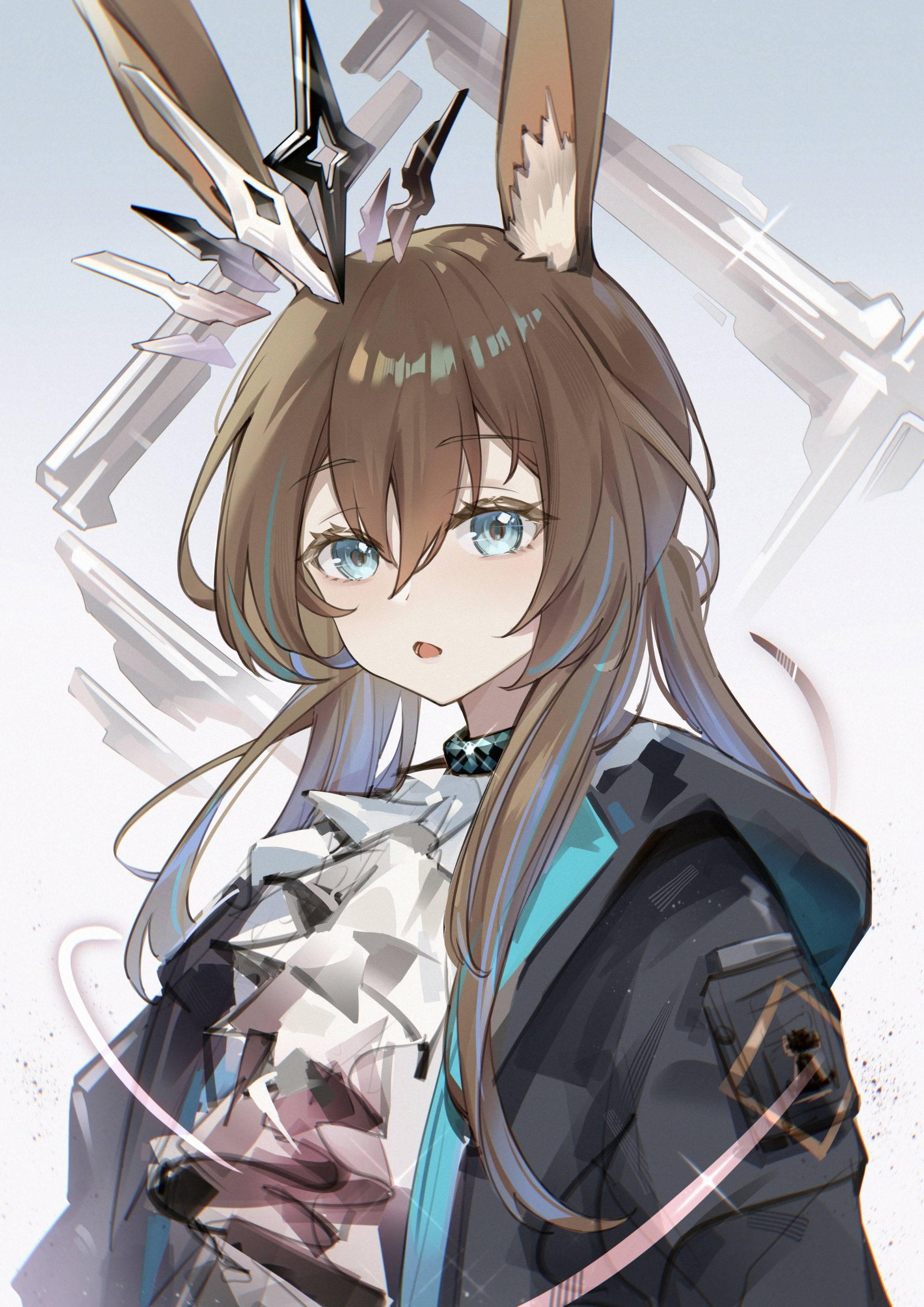 yangyu tudou vv, amiya (arknights), arknights, absurdres, chinese commentary, commentary request, highres, 1girl, animal ears, ascot, black jacket, blue eyes, brown hair, hair between eyes, jacket, long hair, looking at viewer, open mouth, rabbit ears, solo, upper body, white ascot