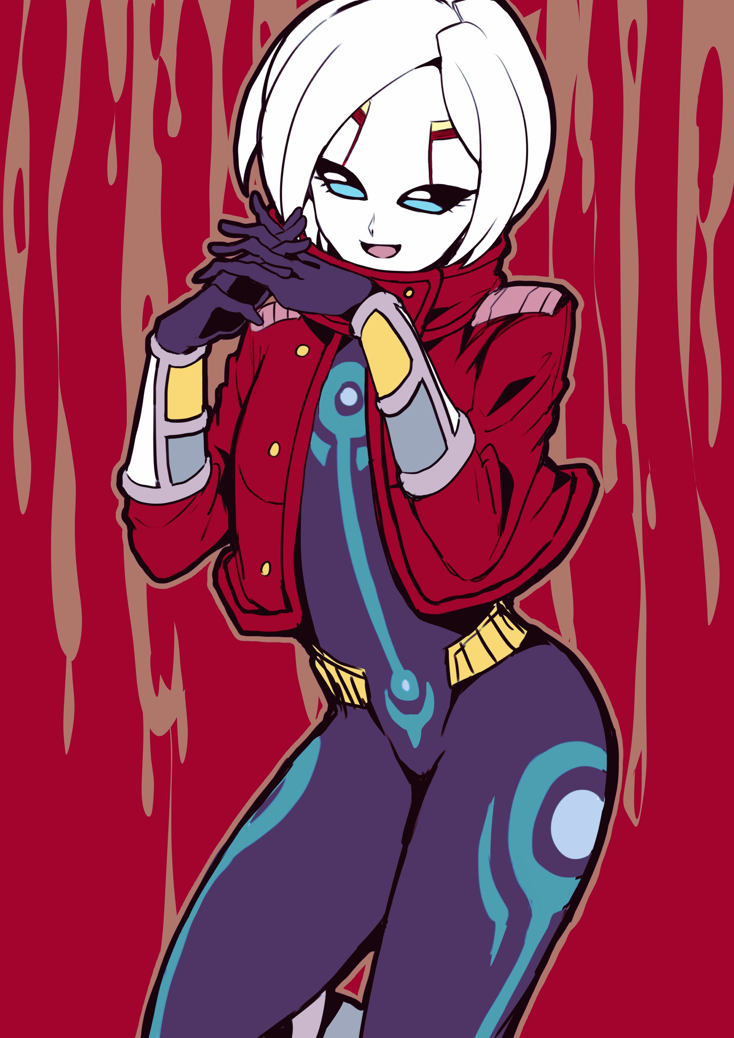 otyumamii, kamin (dragon ball), dragon ball, dragon ball heroes, absurdres, commentary request, highres, 1girl, :d, alien, aqua trim, arm guards, black bodysuit, black gloves, bodysuit, colored skin, cowboy shot, facial mark, flat chest, gloves, interlocked fingers, jacket, no pupils, open mouth, red background, red jacket, short hair, sketch, smile, solo, white skin