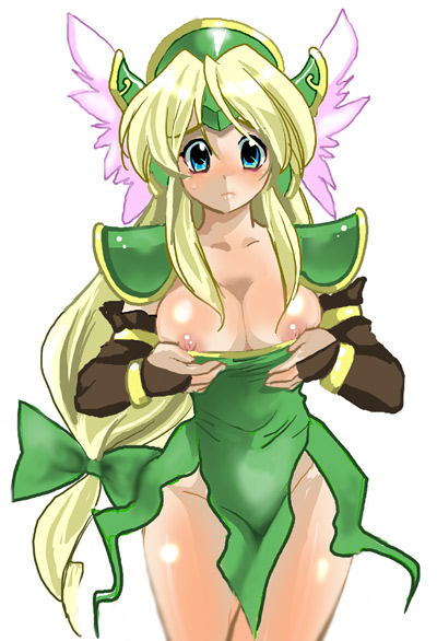 loco, riesz, seiken densetsu, seiken densetsu 3, 1girl, armor, blonde hair, blue eyes, breasts, cleavage, female focus, gloves, large breasts, long hair, low-tied long hair, nipples, ribbon, solo, undressing