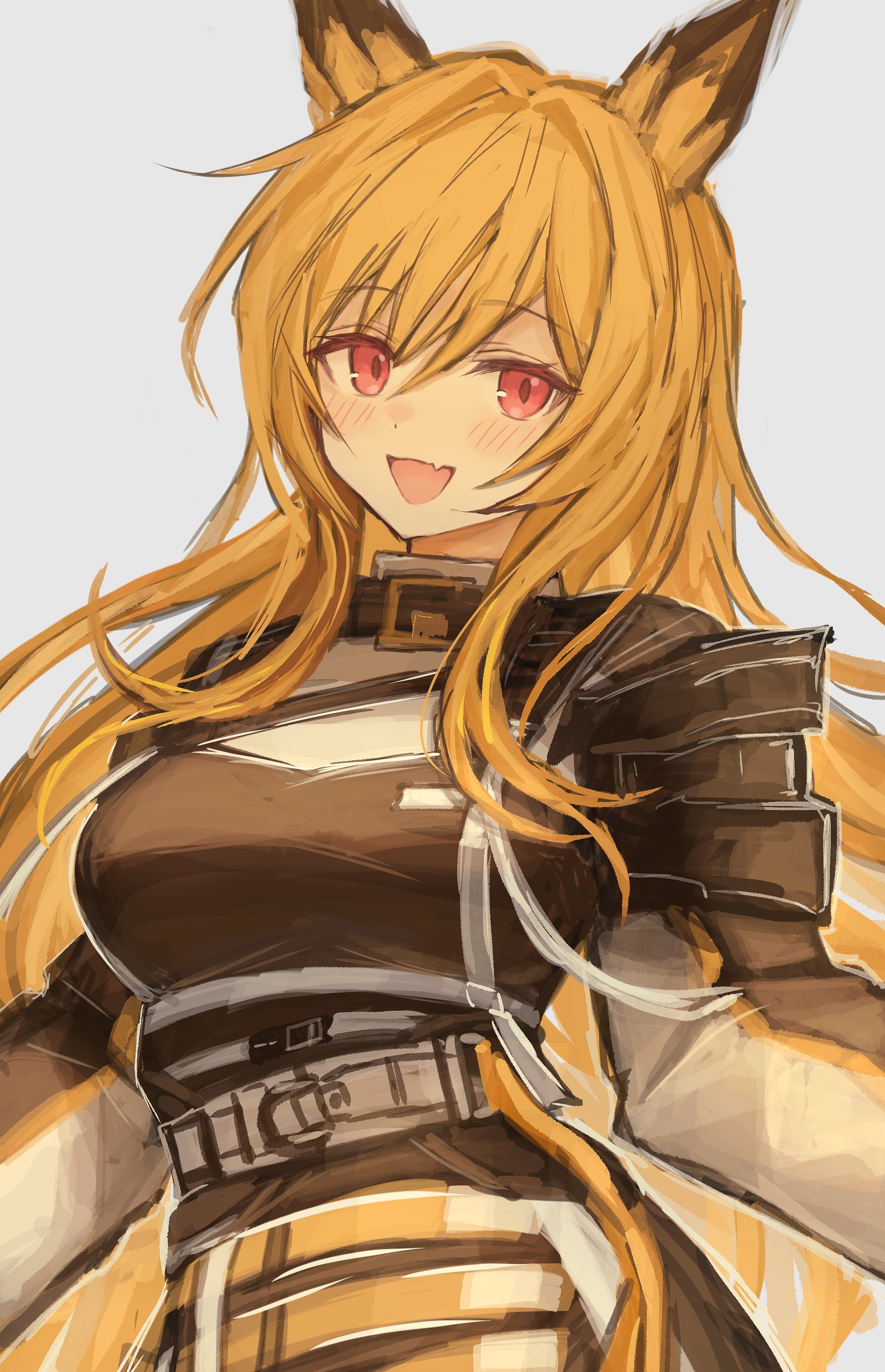 3 (sanyako1), ceobe (arknights), arknights, absurdres, commentary, highres, 1girl, :d, animal ears, belt, blonde hair, blush, breasts, brown jacket, brown shirt, dog ears, dog girl, dot nose, fang, grey background, hair between eyes, jacket, large breasts, long sleeves, looking at viewer, one-hour drawing challenge, open mouth, pink eyes, shirt, simple background, skin fang, smile, solo, upper body, white belt