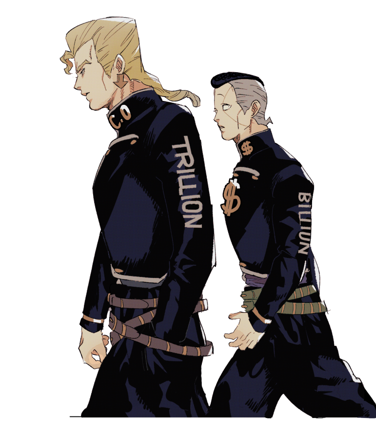 tirauraja, nijimura keicho, nijimura okuyasu, diamond wa kudakenai, jojo no kimyou na bouken, 2boys, arrow (symbol), belt, black hair, black jacket, black pants, blonde hair, brothers, brown belt, collared jacket, cropped legs, dollar sign, earrings, english text, facial mark, flattop, green belt, grey hair, hand in pocket, jacket, jewelry, long sleeves, looking ahead, looking to the side, male focus, multicolored hair, multiple belts, multiple boys, pants, parted lips, piercing, popped collar, short sideburns, siblings, simple background, striped belt, two-tone hair, walking, white background