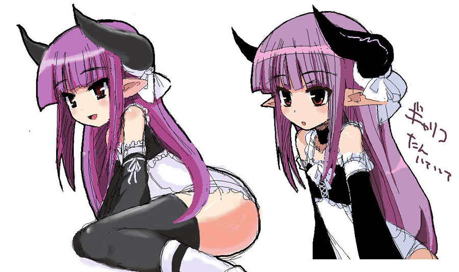 gallico, gyakushuu (series), gyakushuu 3, tagme, demon girl, horns, pointy ears, purple hair, red eyes, simple background, thighhighs, white background