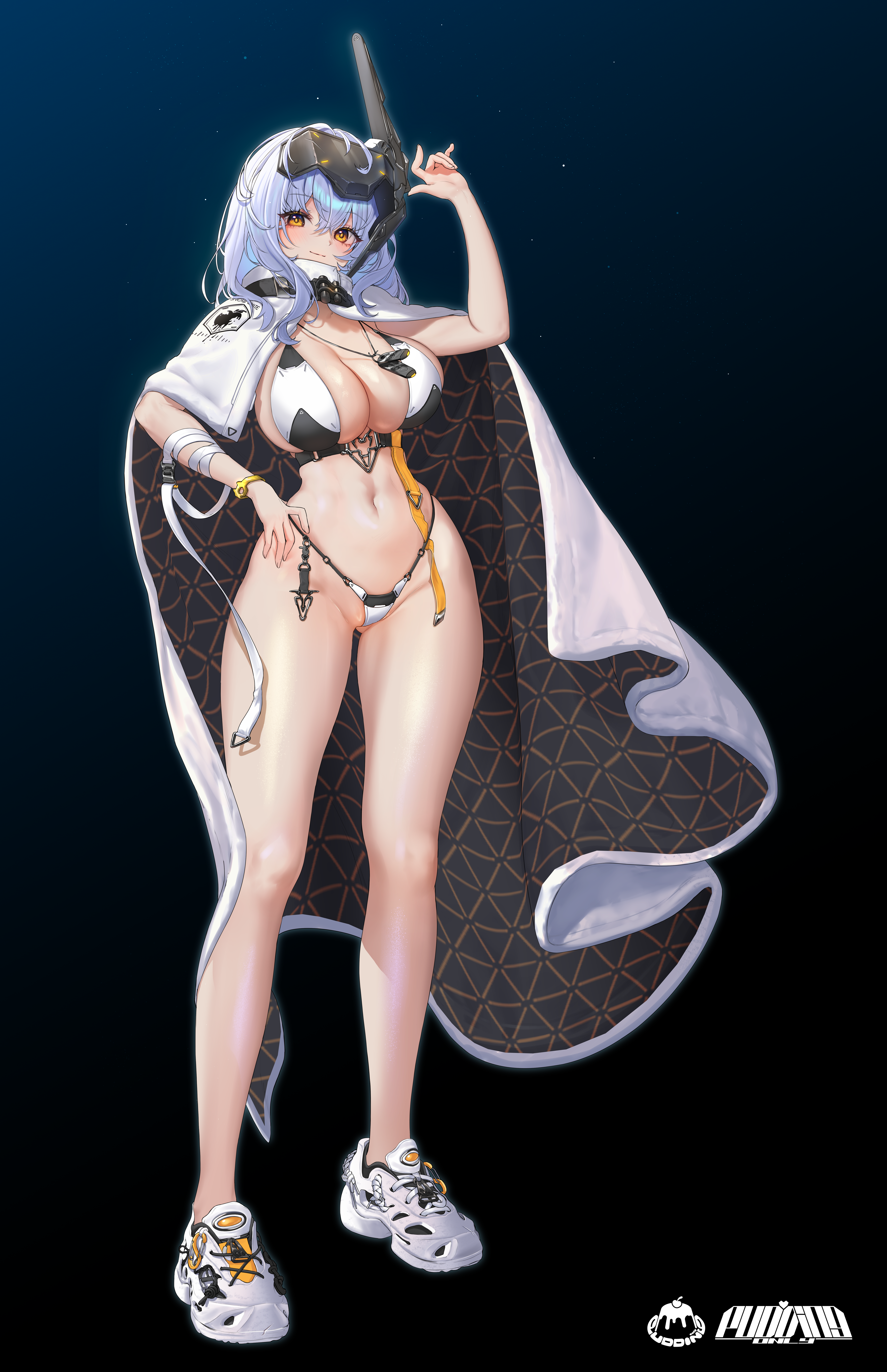 pudding only, snow white (nikke), goddess of victory: nikke, absurdres, commentary request, highres, 1girl, artist name, bikini, black background, blue background, blue hair, breasts, cloak, closed mouth, dog tags, full body, gluteal fold, gradient background, hair between eyes, hand up, head-mounted display, highleg, highleg bikini, jewelry, large breasts, long hair, looking at viewer, micro bikini, navel, necklace, shoes, smile, sneakers, solo, standing, string bikini, swimsuit, two-tone background, white bikini, white cloak, white shoes, yellow eyes